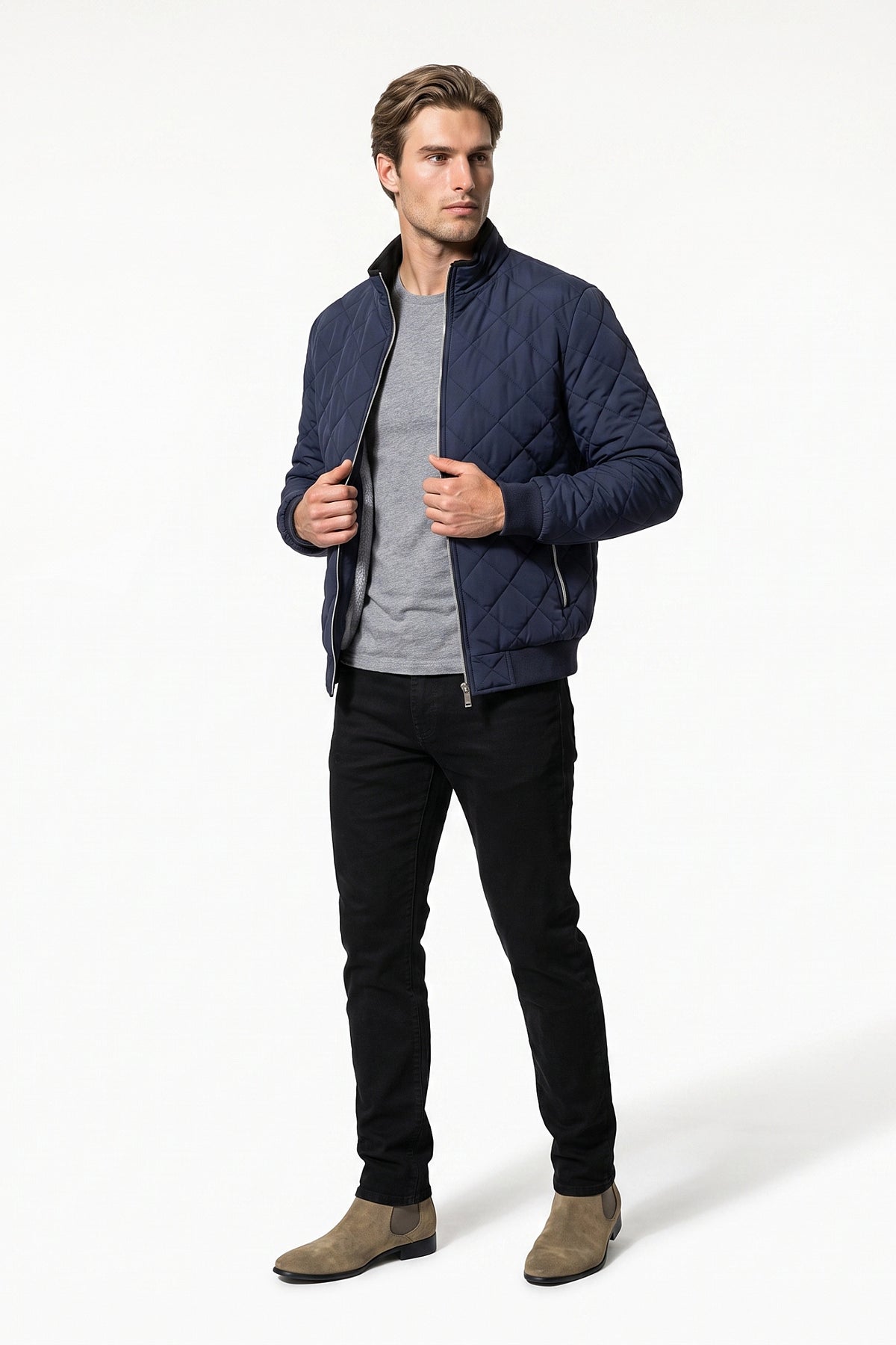 Men's Winter Warm Fleece Lined Quilted Jacket with Stand Collar