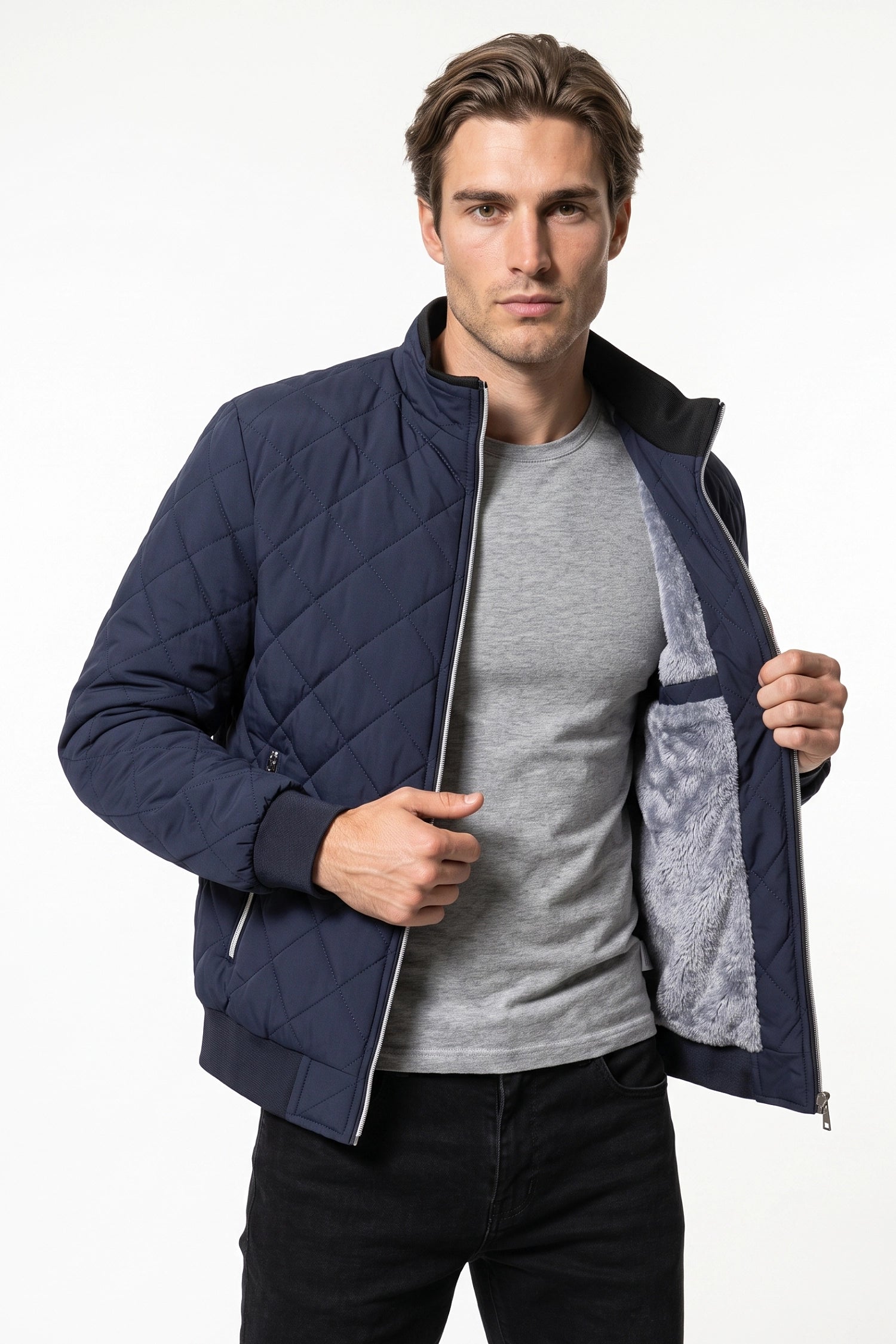 Men's Winter Warm Fleece Lined Quilted Jacket with Stand Collar