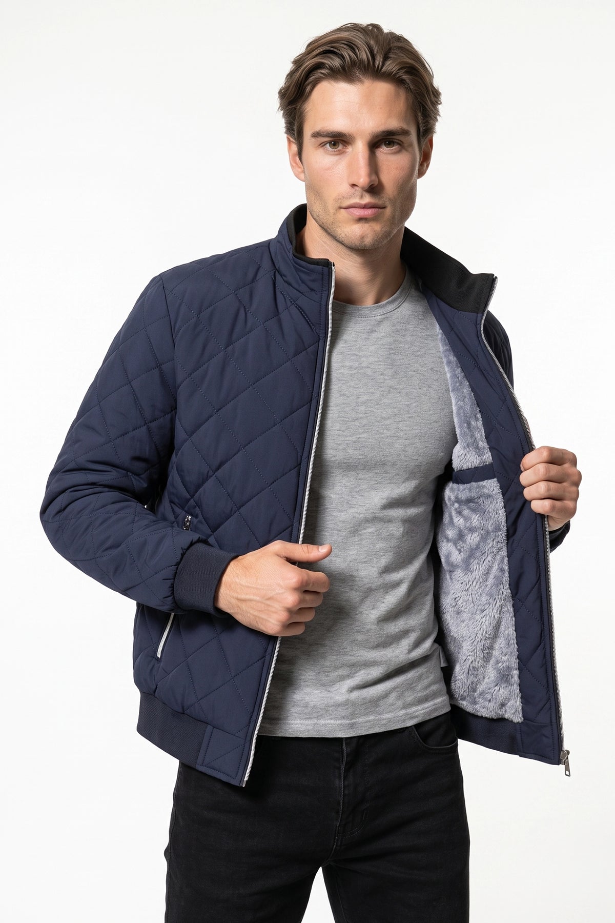 Men's Winter Warm Fleece Lined Quilted Jacket with Stand Collar