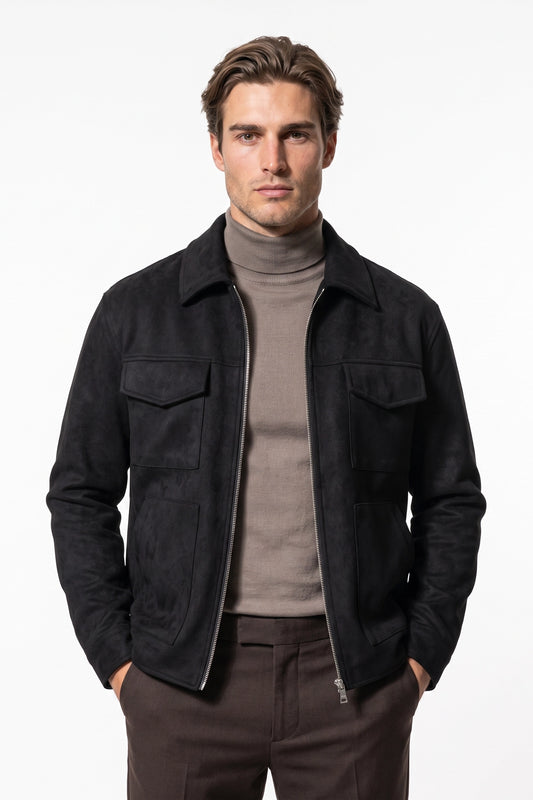 Men’s Winter Comfortable Suede Jacket with Relaxed Fit Zip Up