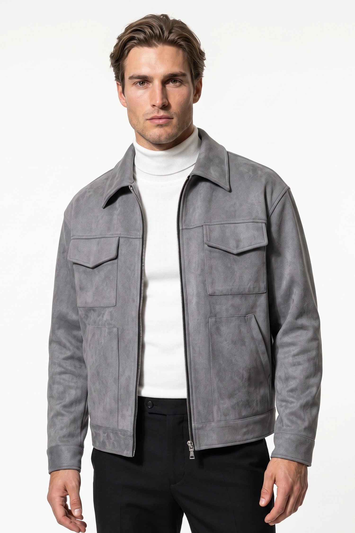 Men’s Winter Comfortable Suede Jacket with Relaxed Fit Zip Up
