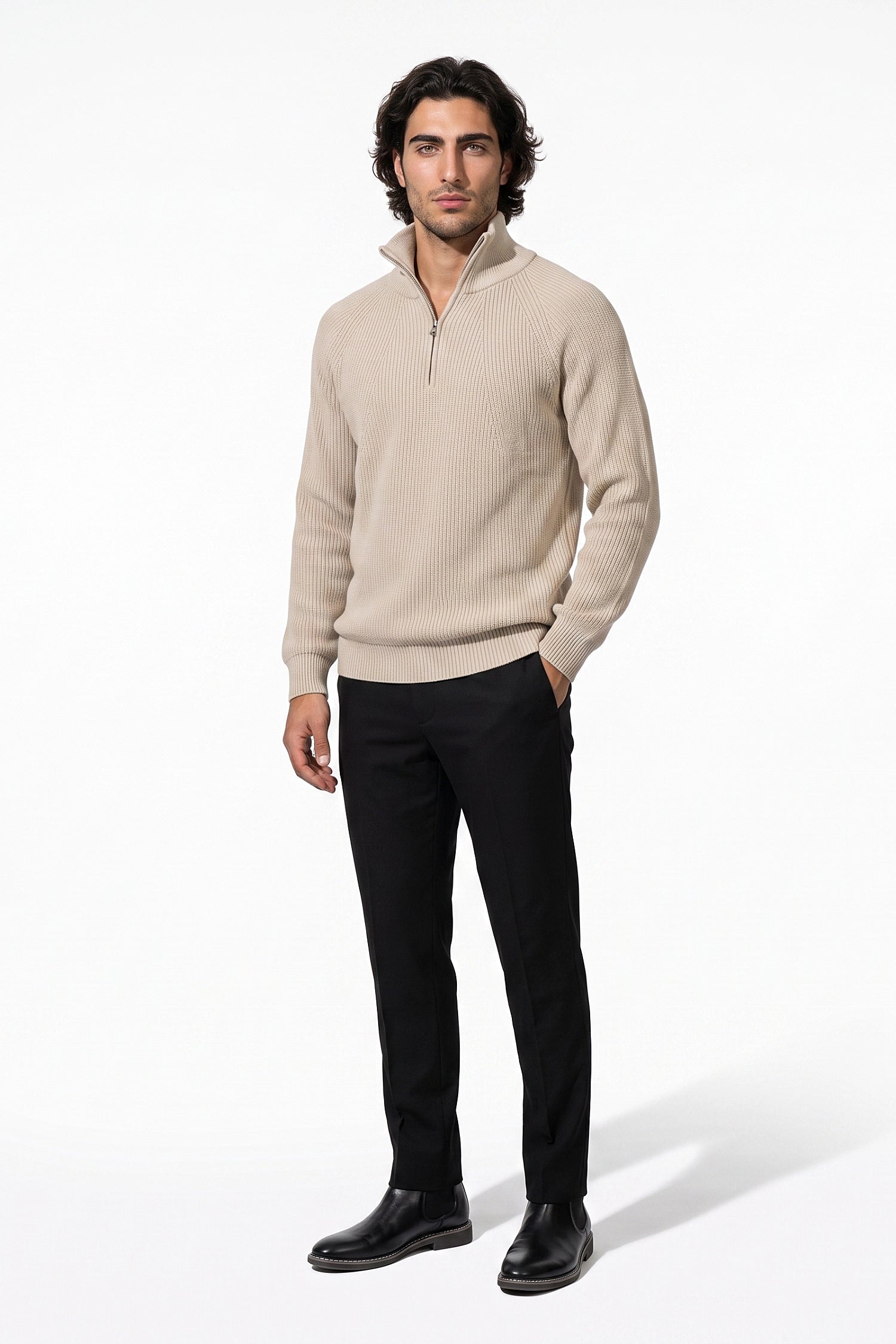 Men's Winter Rib Knit Quarter Zip Jumper with Stand Collar