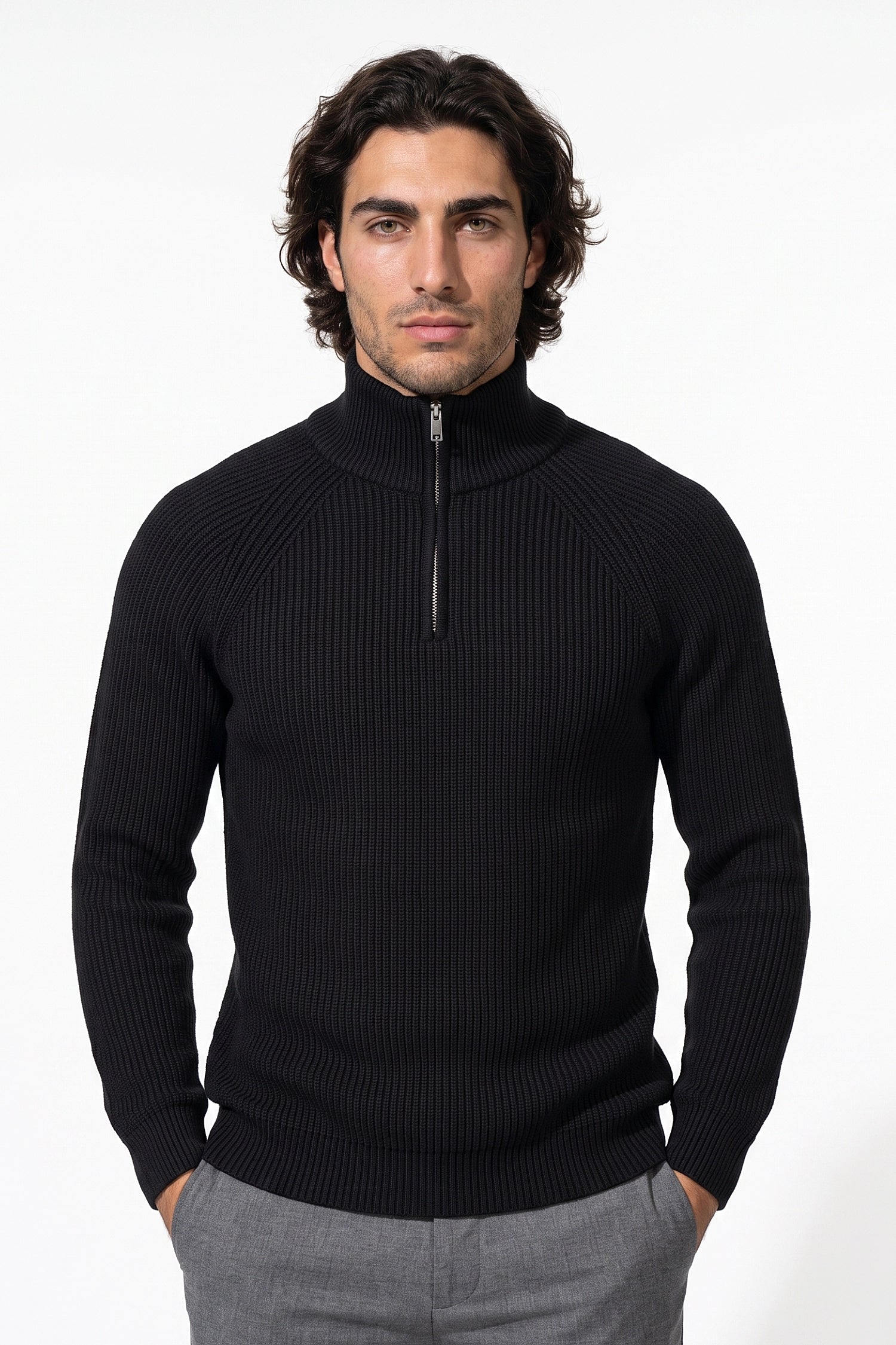 Men's Winter Rib Knit Quarter Zip Jumper with Stand Collar