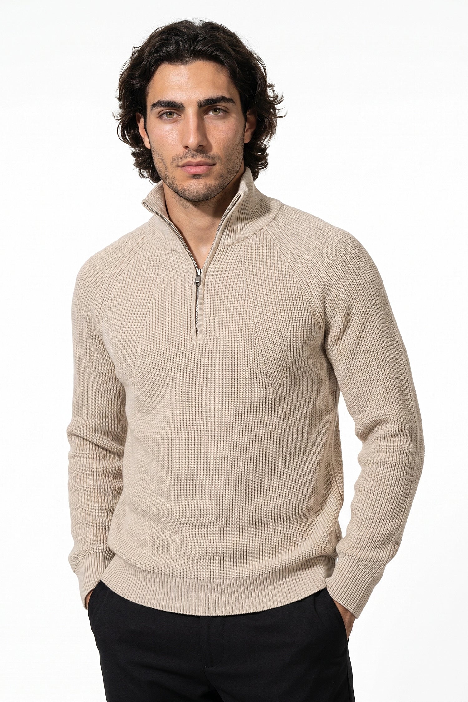 Men's Winter Rib Knit Quarter Zip Jumper with Stand Collar