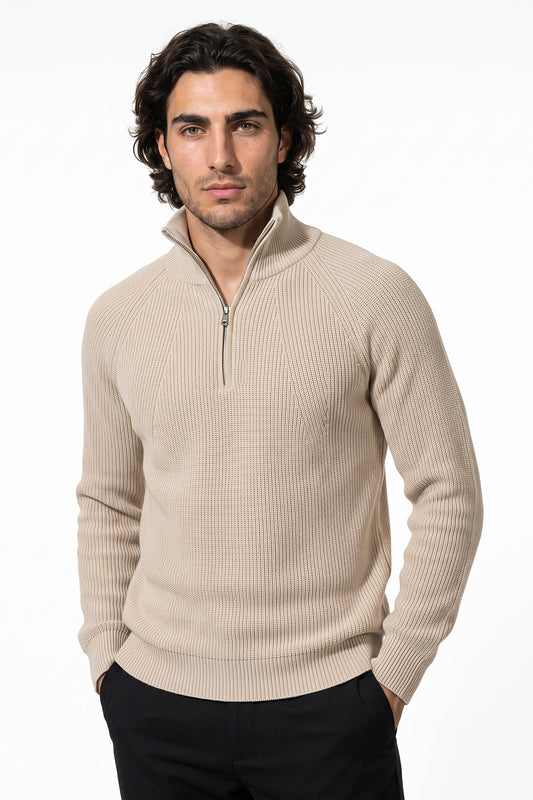 Men's Winter Rib Knit Quarter Zip Jumper with Stand Collar