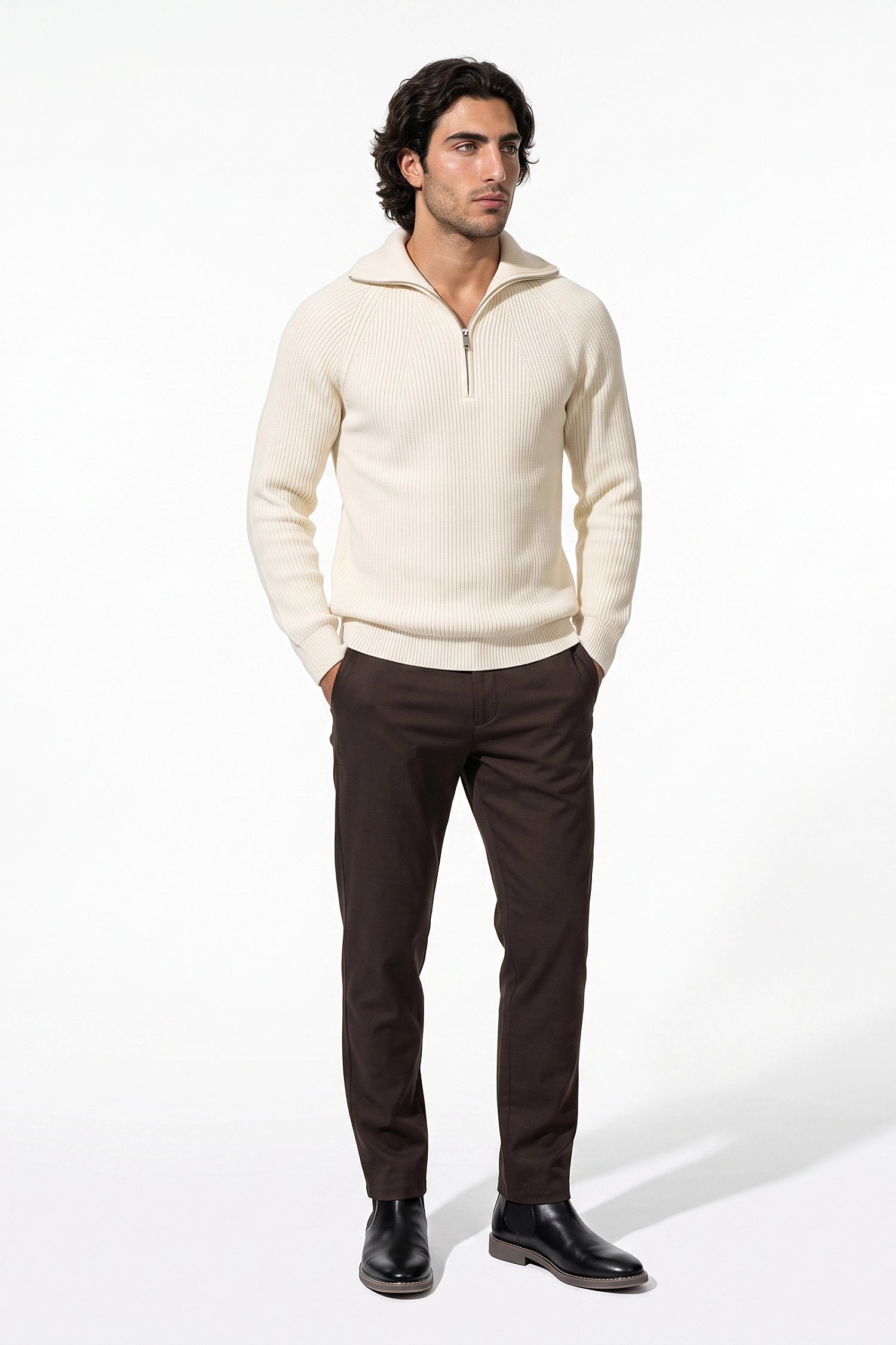 Men's Winter Rib Knit Quarter Zip Jumper with Stand Collar