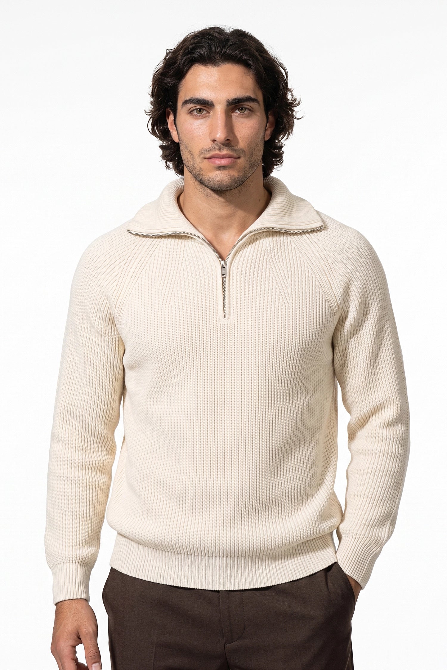 Men's Winter Rib Knit Quarter Zip Jumper with Stand Collar