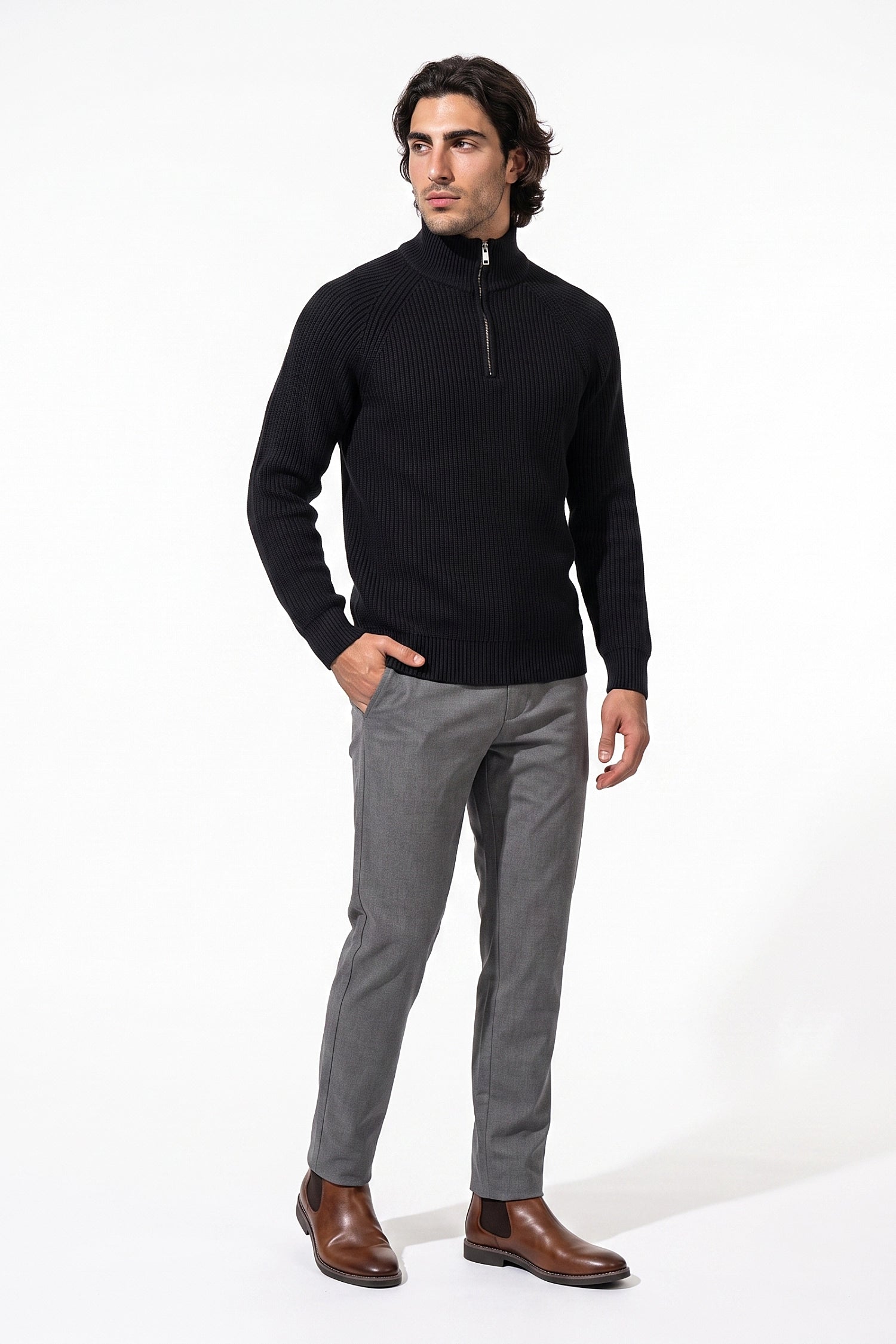 Men's Winter Rib Knit Quarter Zip Jumper with Stand Collar