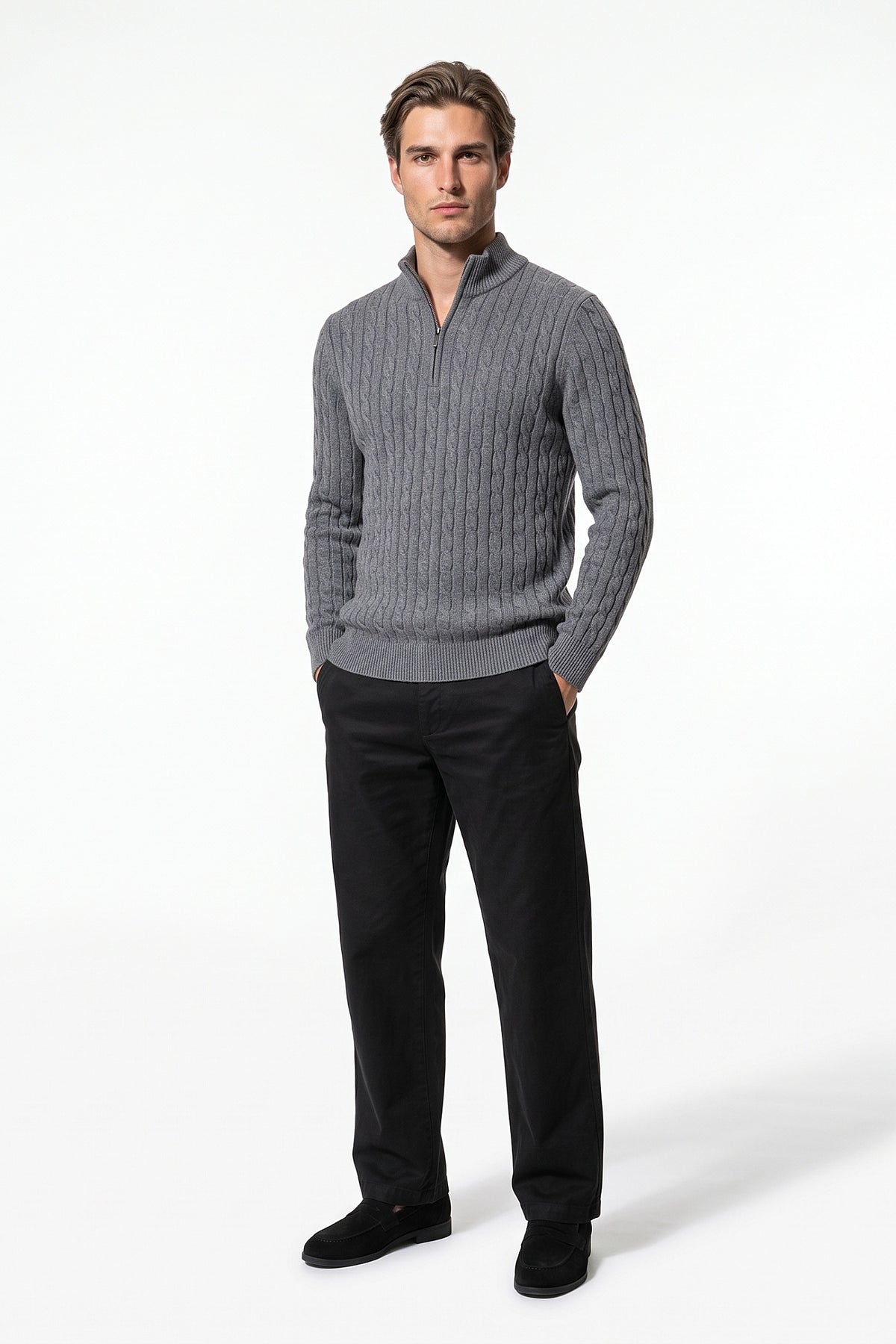 Men’s Winter Warm Quarter Zip Cable Knitted Jumper