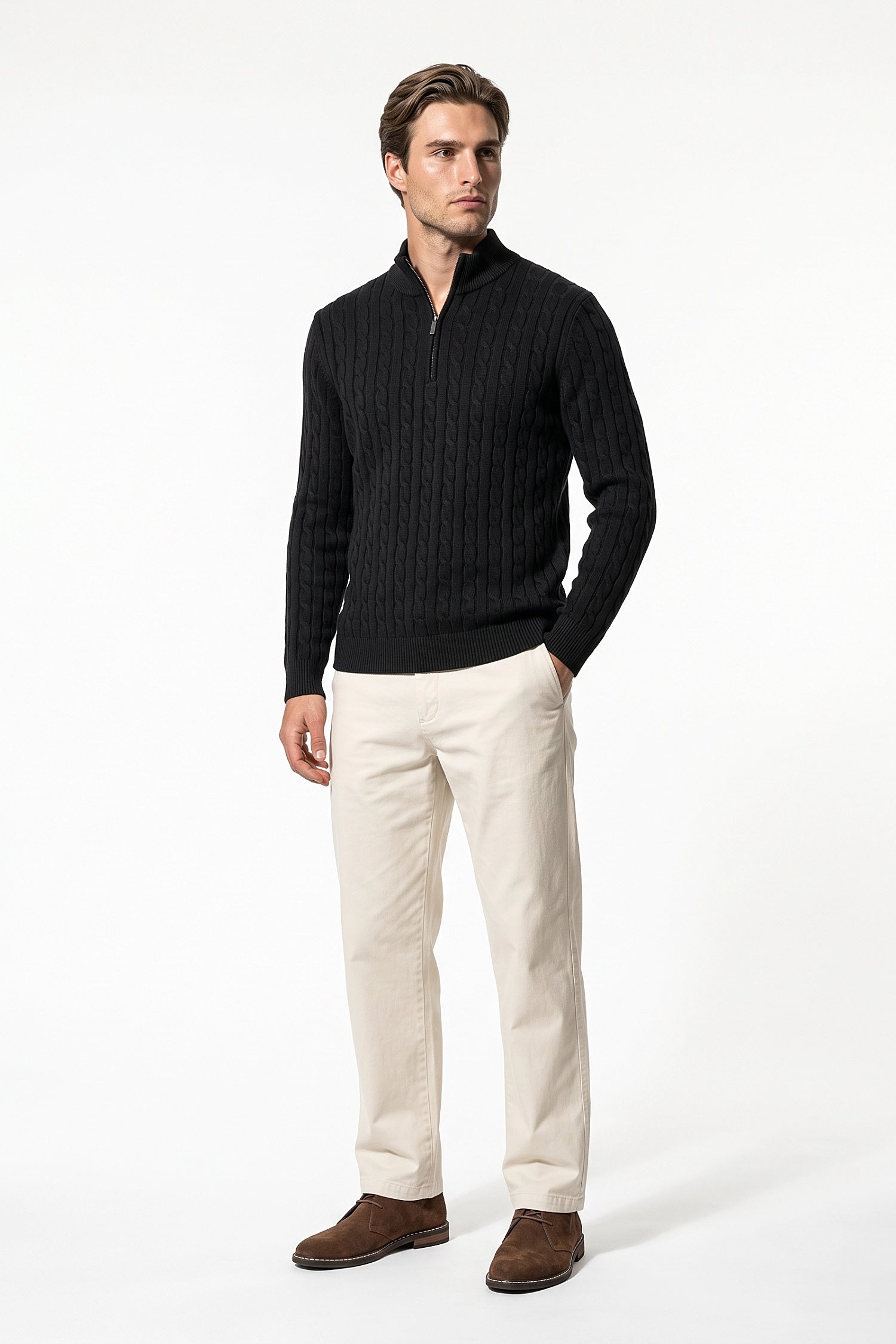Men’s Winter Warm Quarter Zip Cable Knitted Jumper