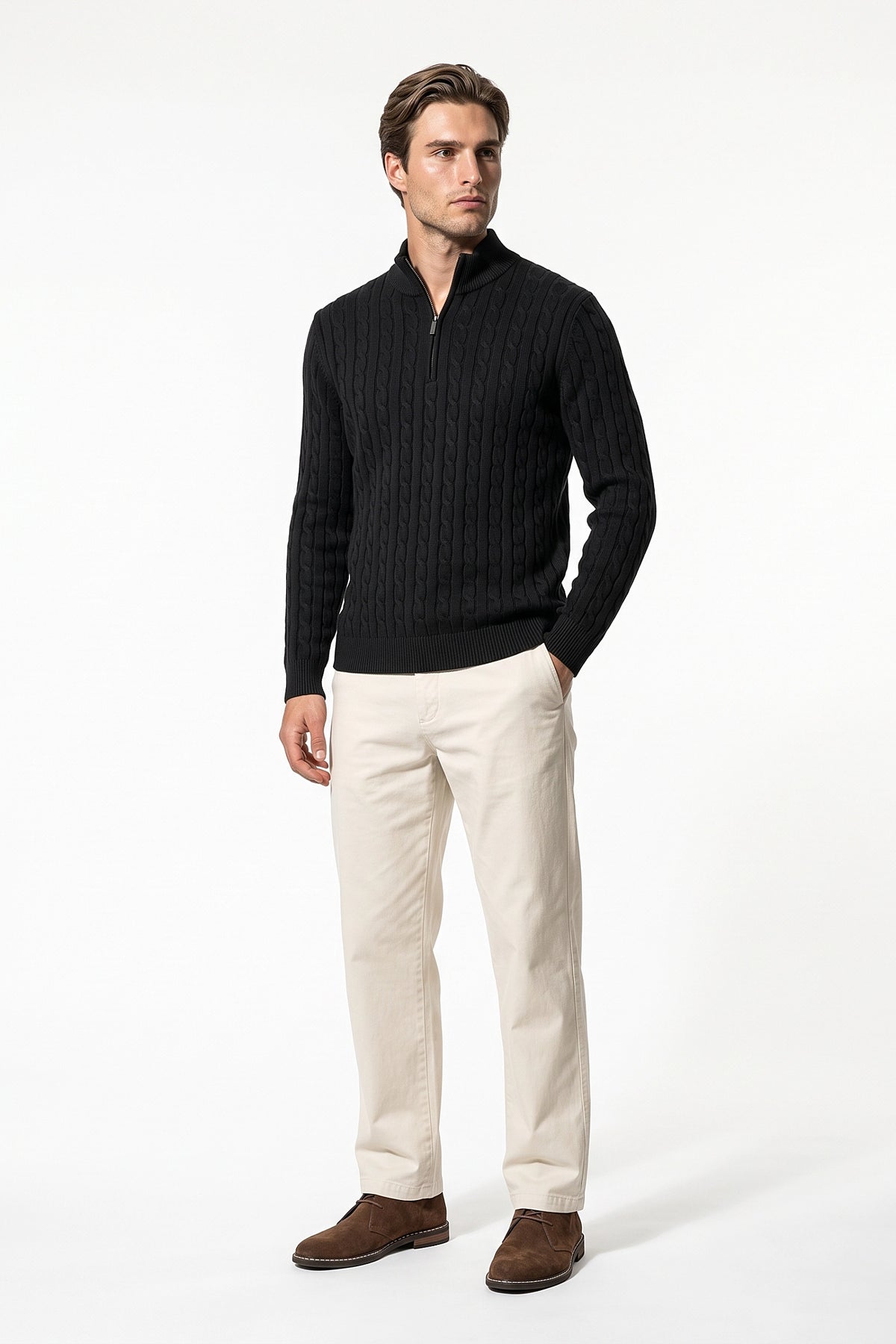Men’s Winter Warm Quarter Zip Cable Knitted Jumper
