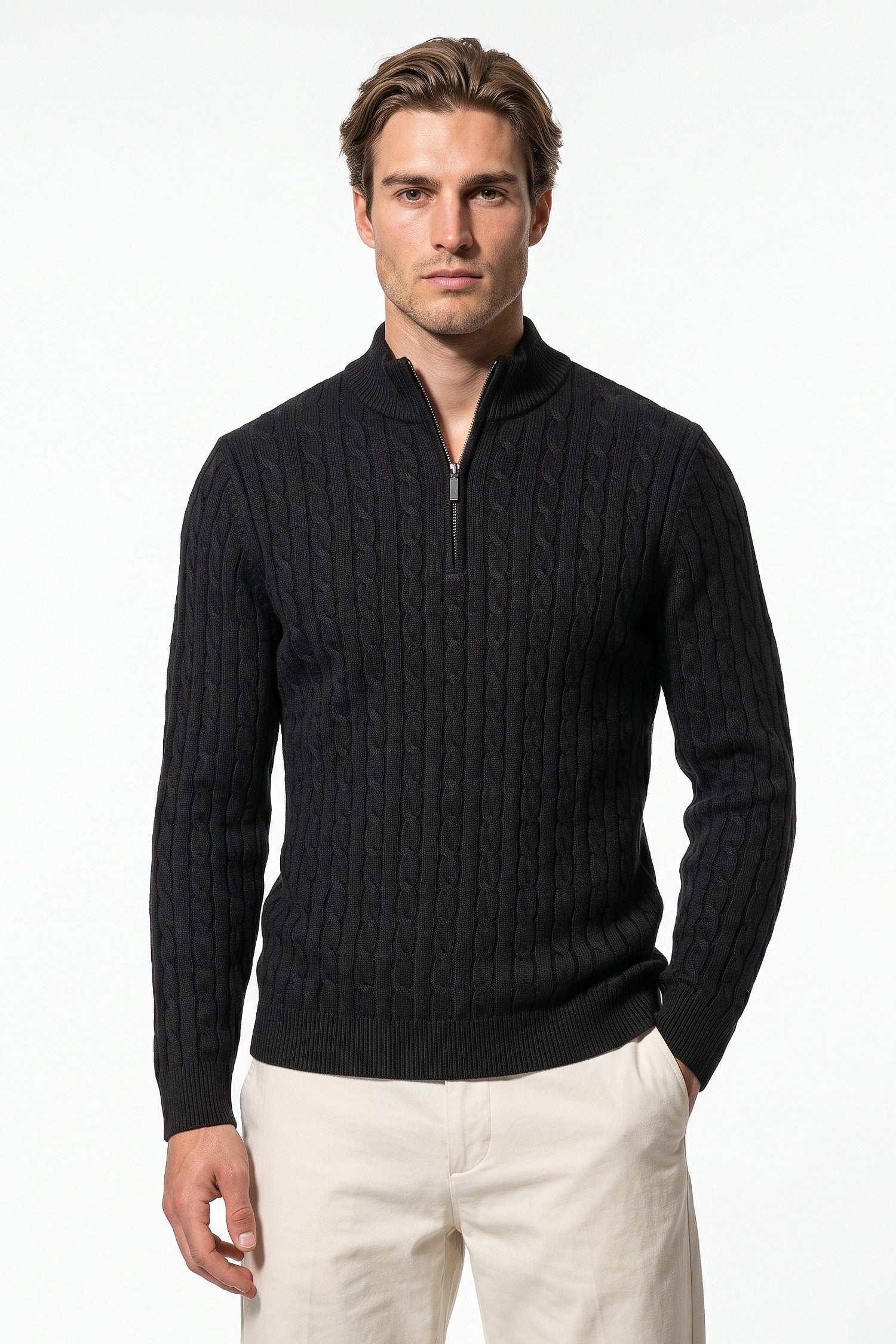 Men’s Winter Warm Quarter Zip Cable Knitted Jumper