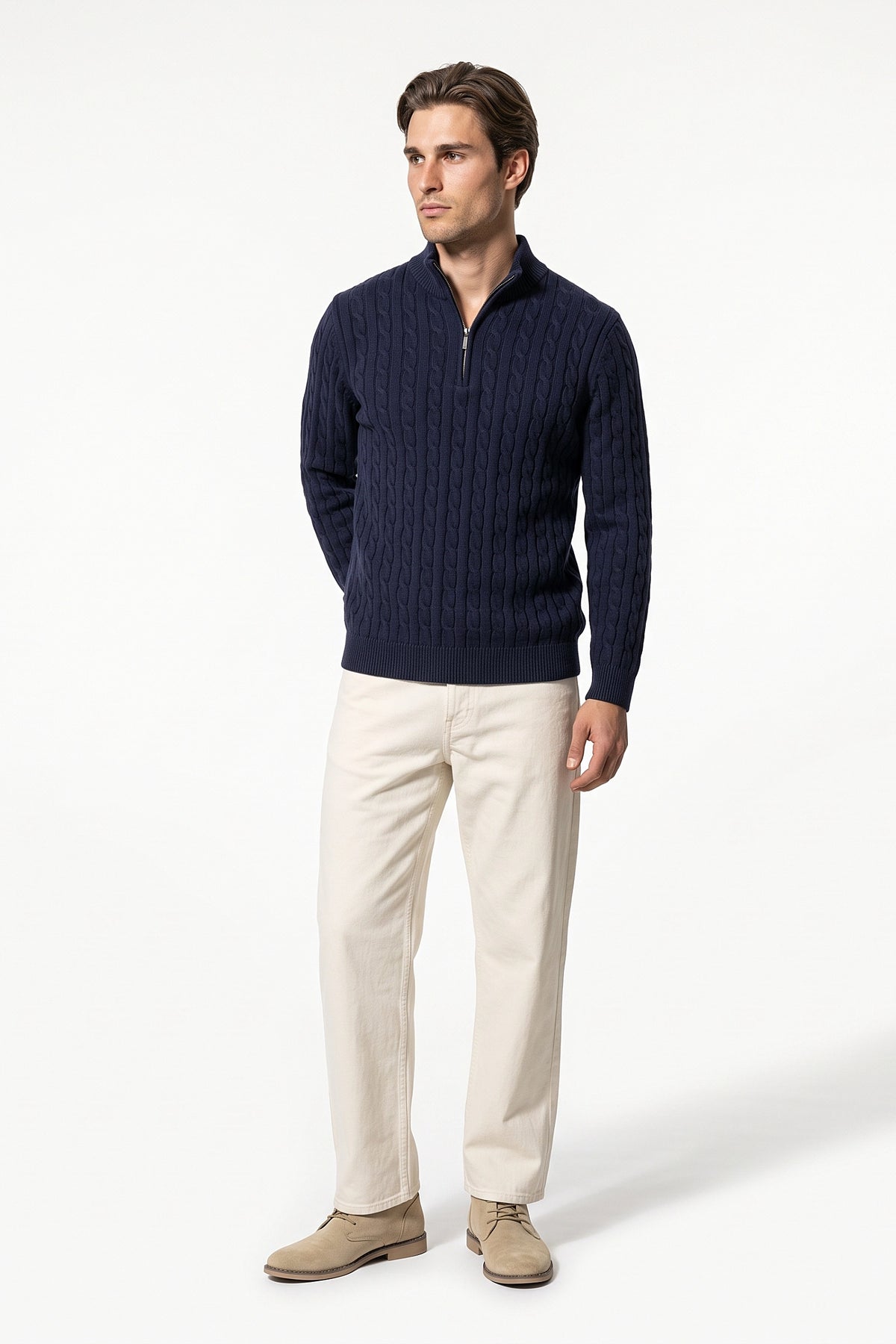 Men’s Winter Warm Quarter Zip Cable Knitted Jumper