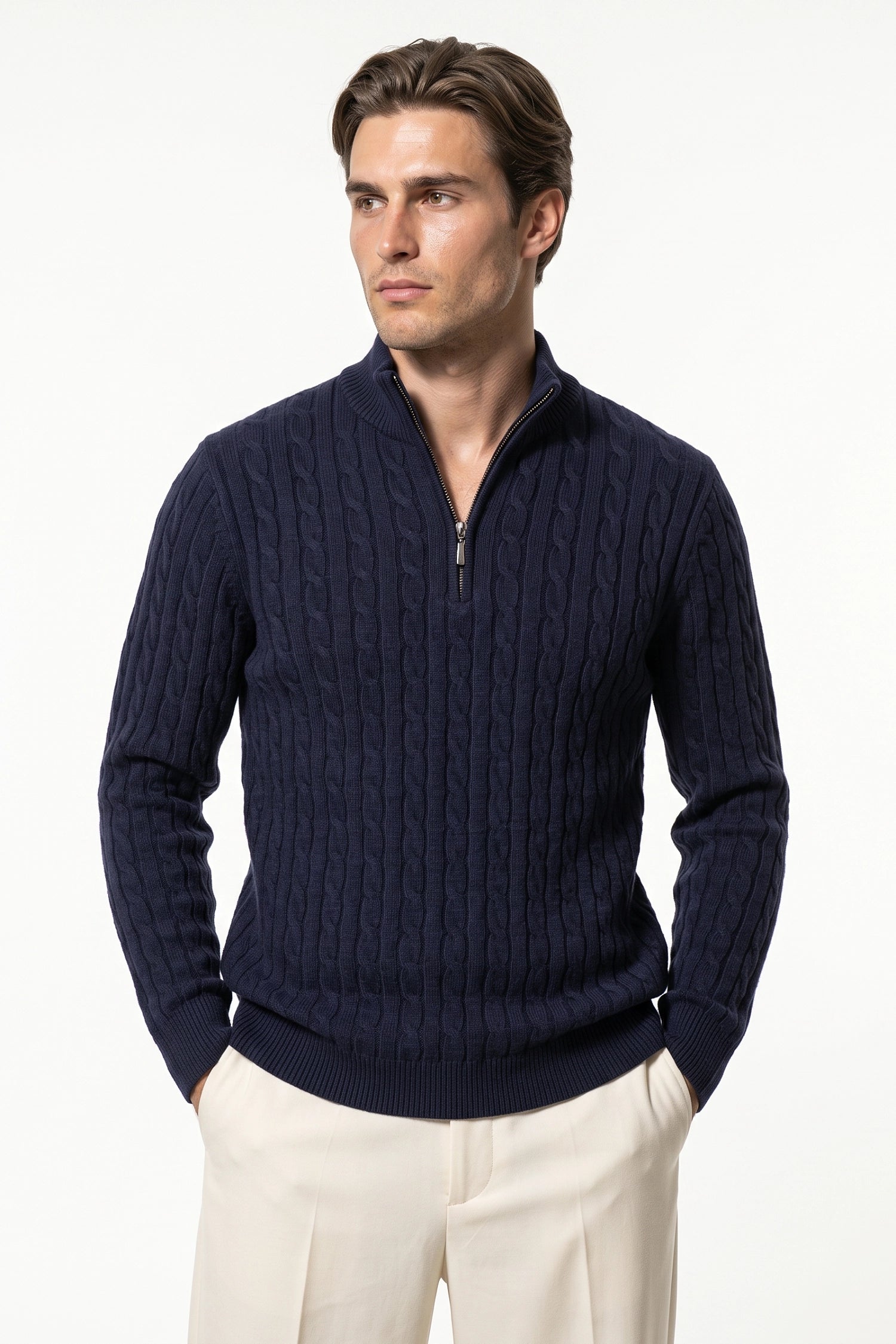 Men’s Winter Warm Quarter Zip Cable Knitted Jumper
