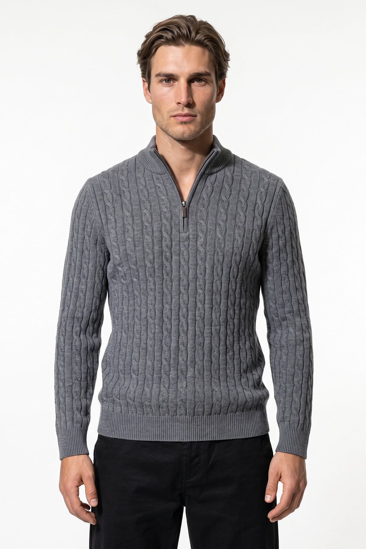 Men’s Winter Warm Quarter Zip Cable Knitted Jumper
