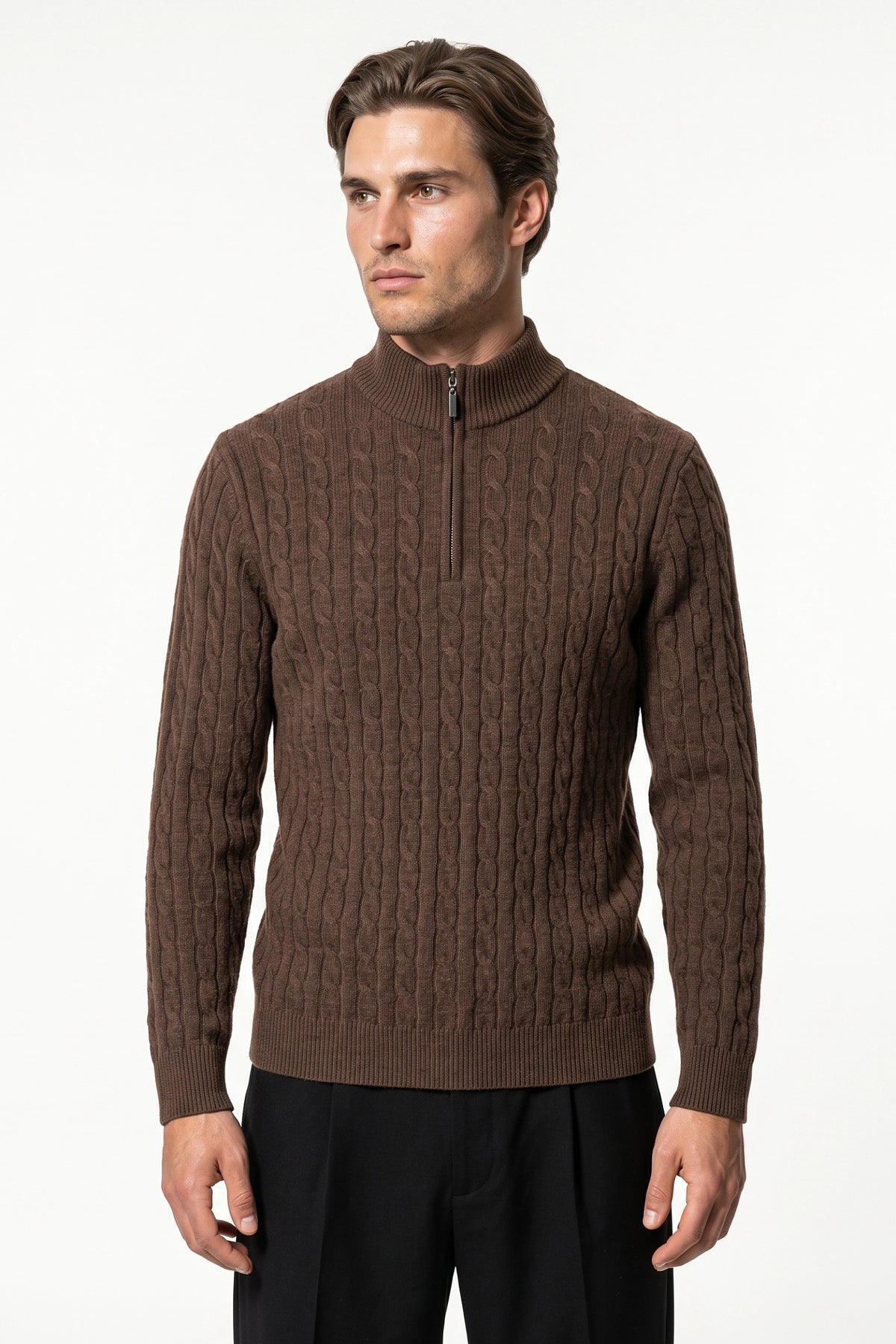 Men’s Winter Warm Quarter Zip Cable Knitted Jumper