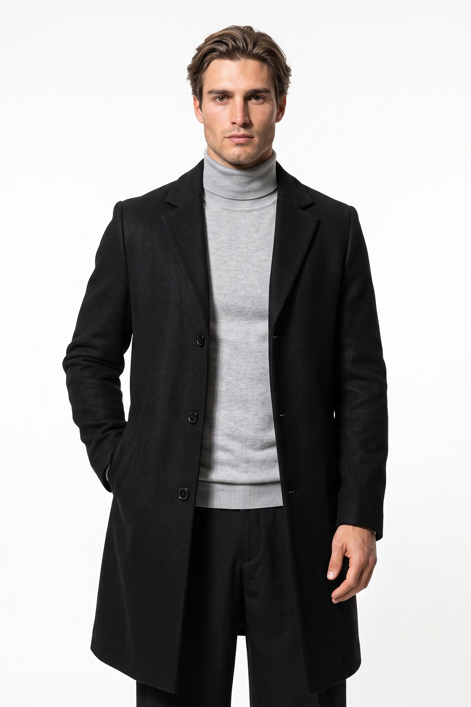 Men’s Winter Warm Longline Overcoat Single Breasted Notched Lapel