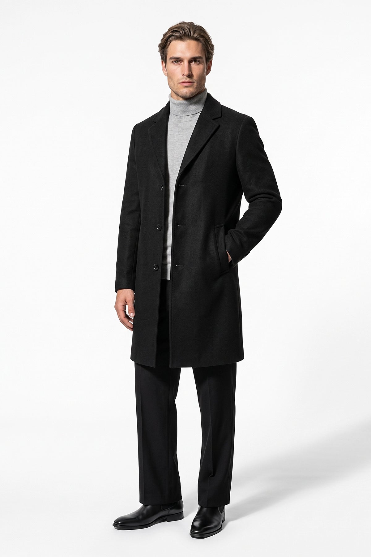 Men’s Winter Warm Longline Overcoat Single Breasted Notched Lapel