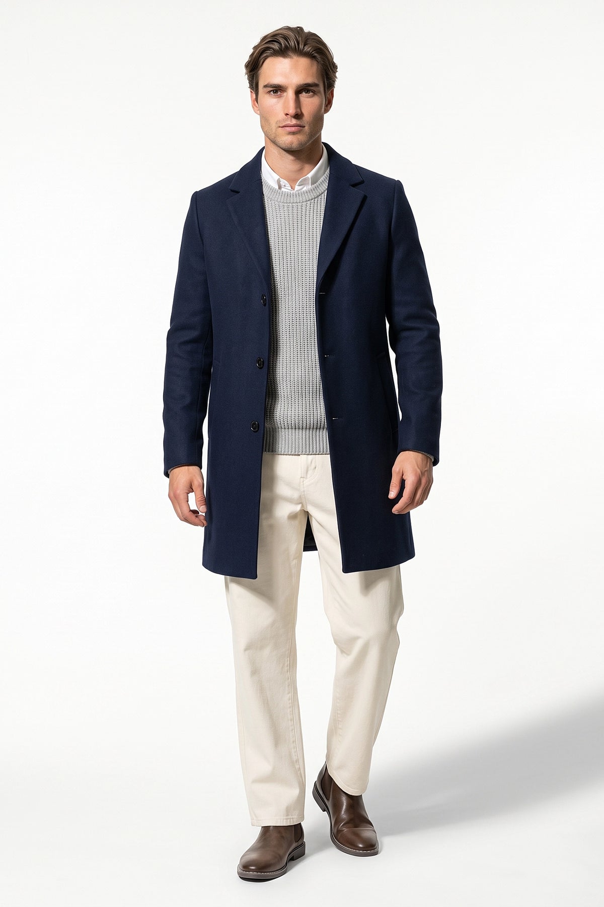 Men’s Winter Warm Longline Overcoat Single Breasted Notched Lapel