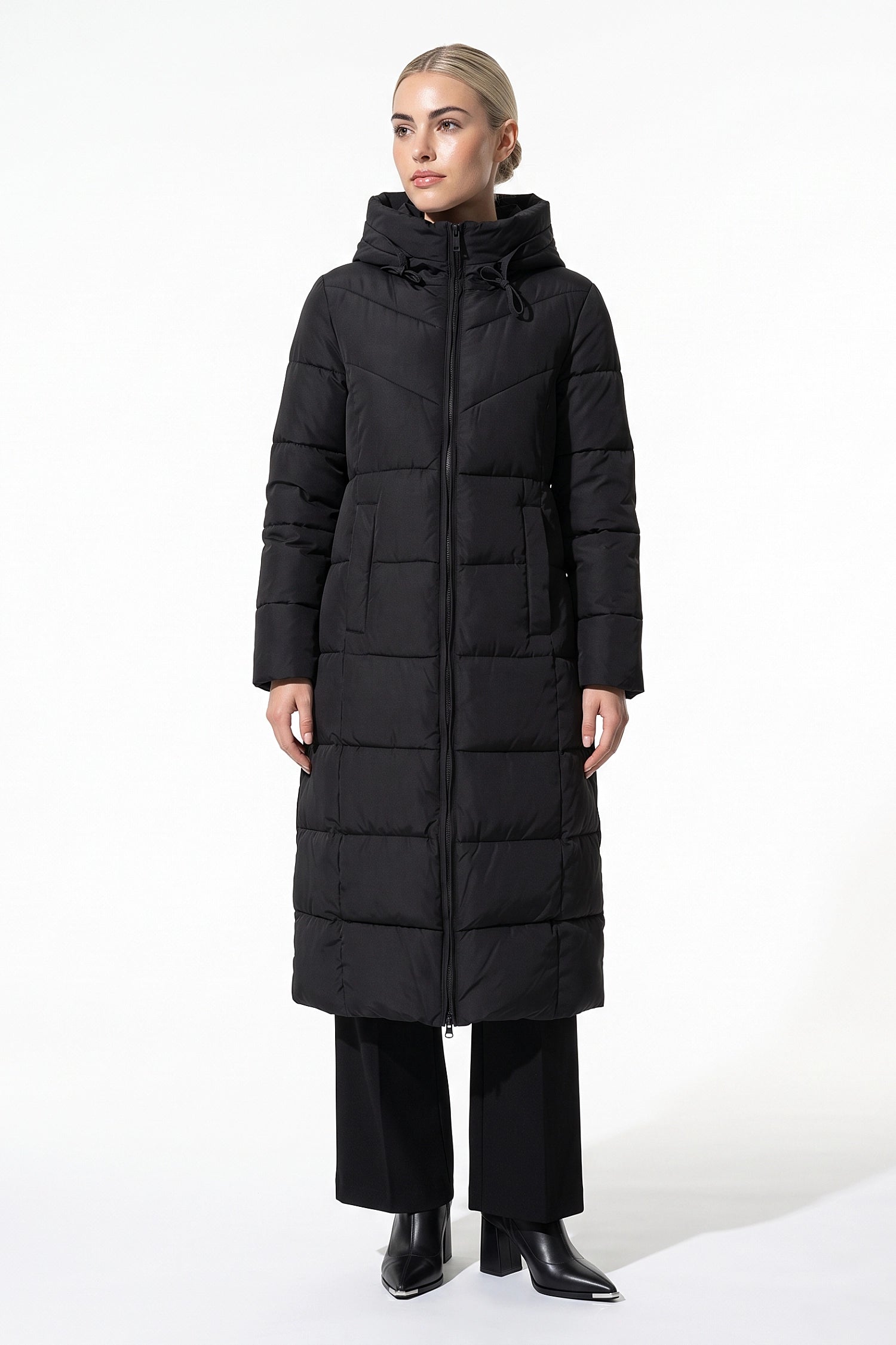 Women’s Winter Warm Longline Hooded Puffer Coat with High Collar