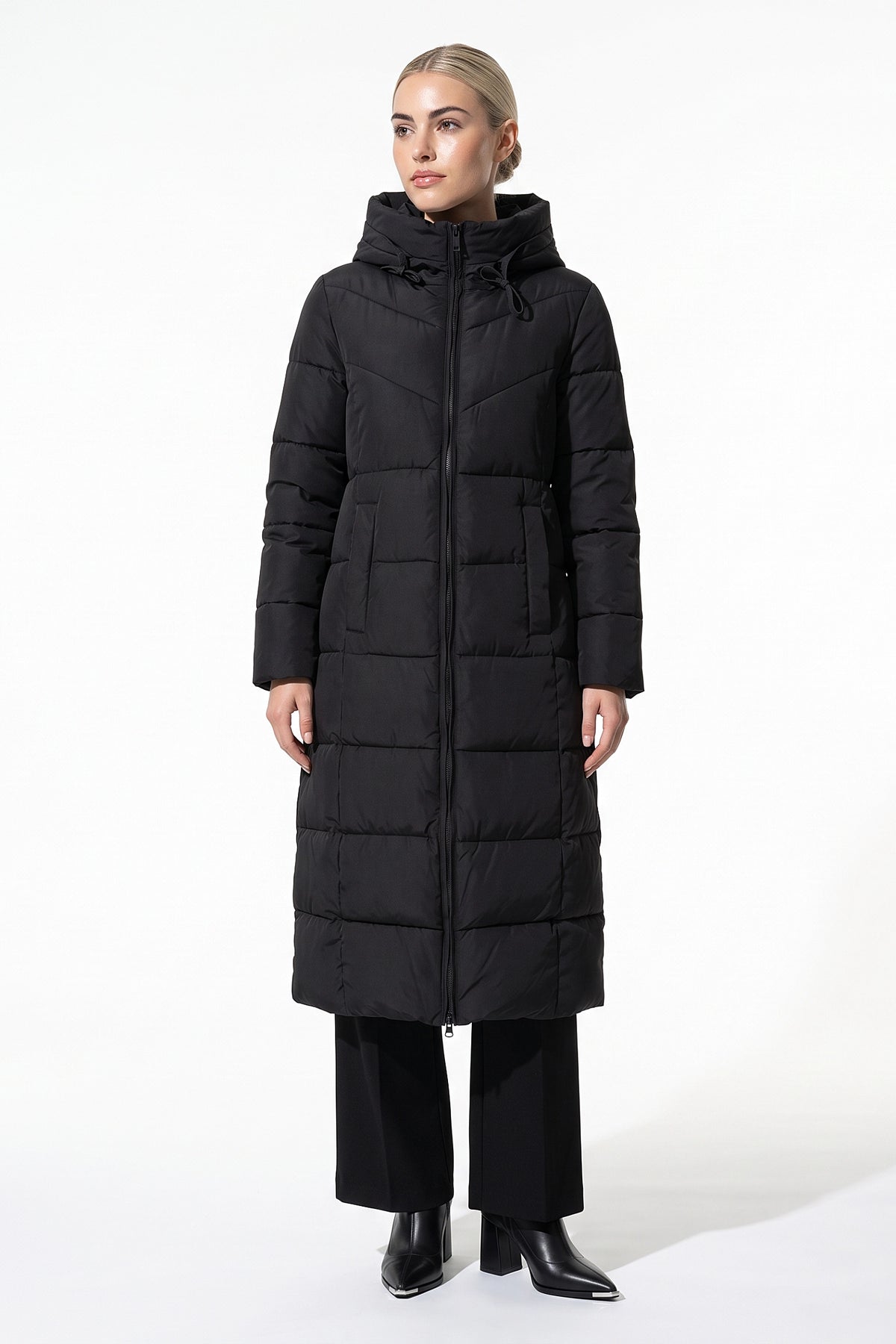 Women’s Winter Warm Longline Hooded Puffer Coat with High Collar