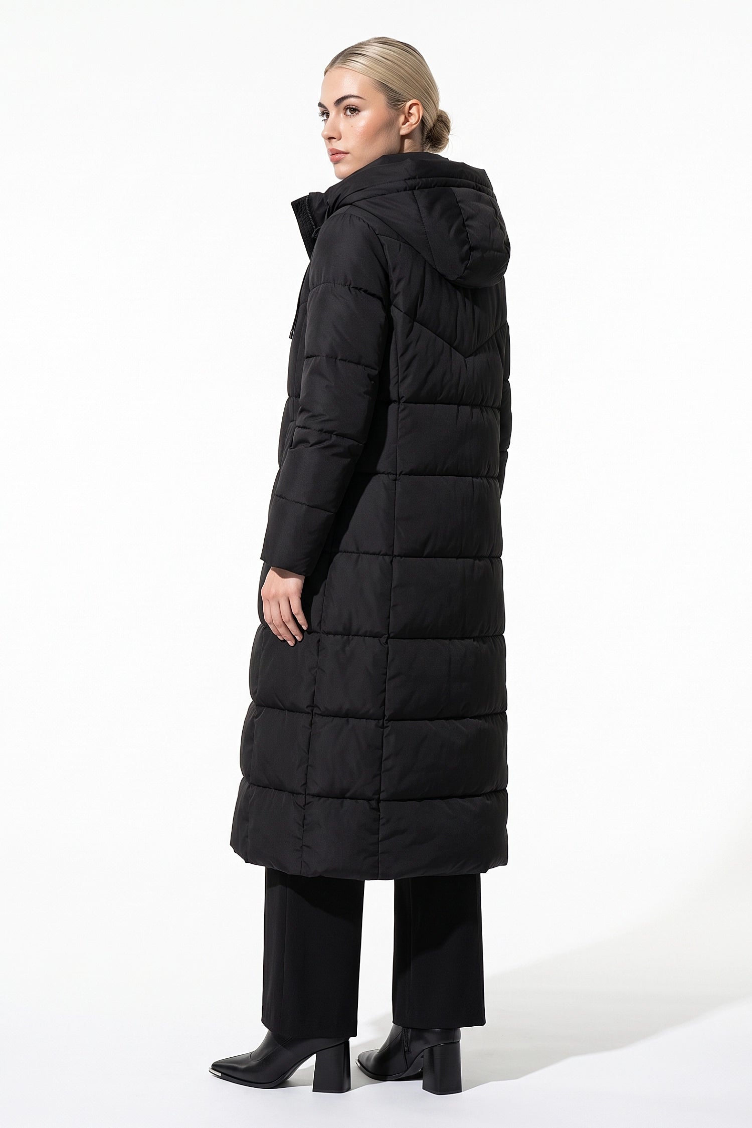 Women’s Winter Warm Longline Hooded Puffer Coat with High Collar