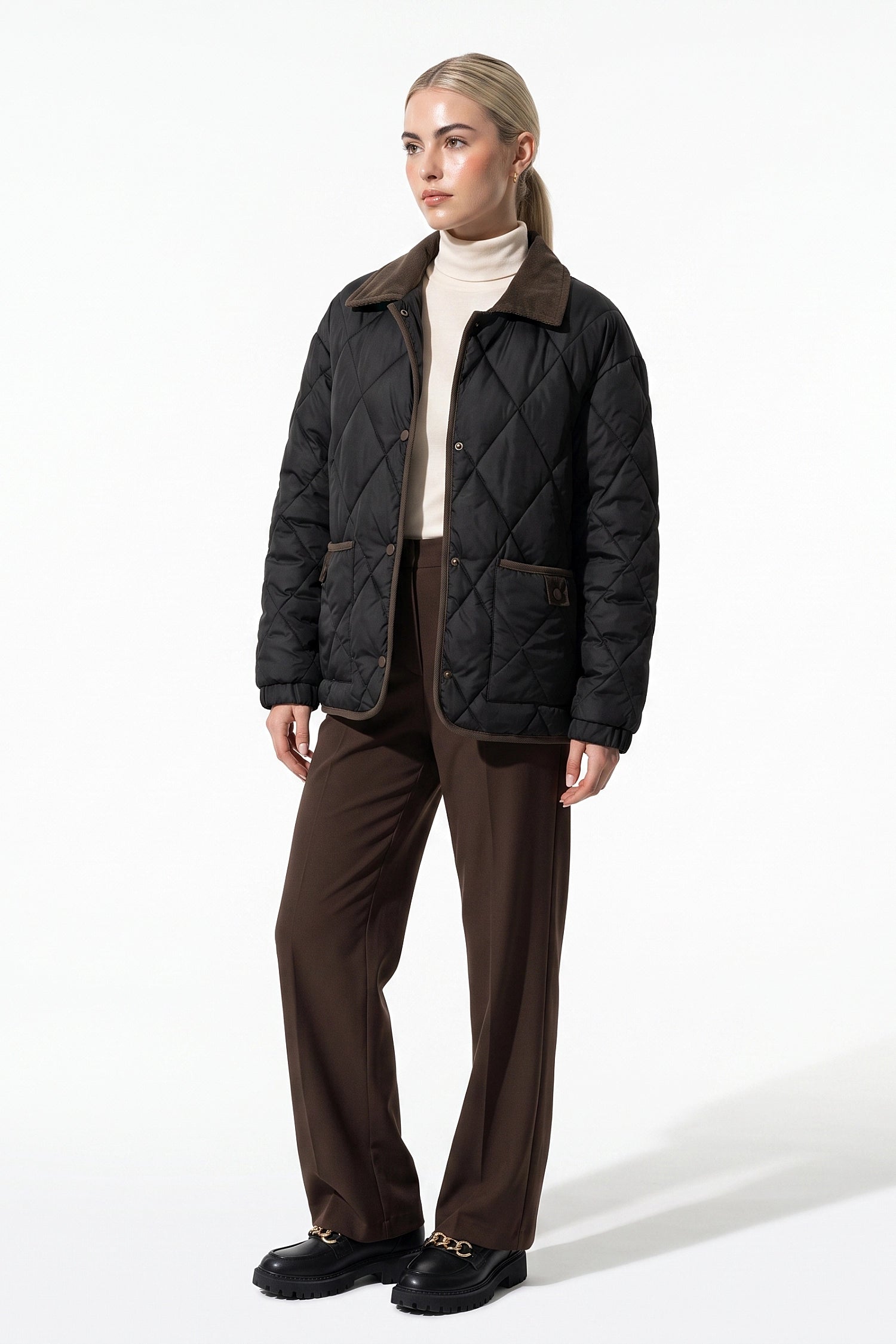 Women's Diamond Quilted Puffer Jacket with Corduroy Collar