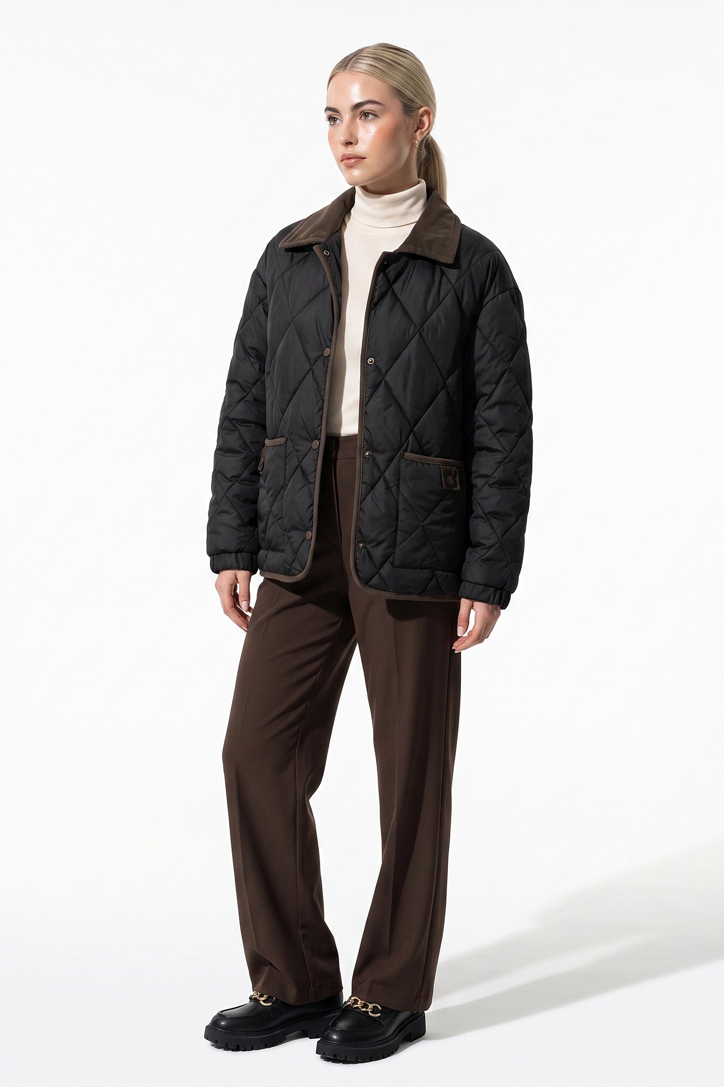 Women's Diamond Quilted Puffer Jacket with Corduroy Collar