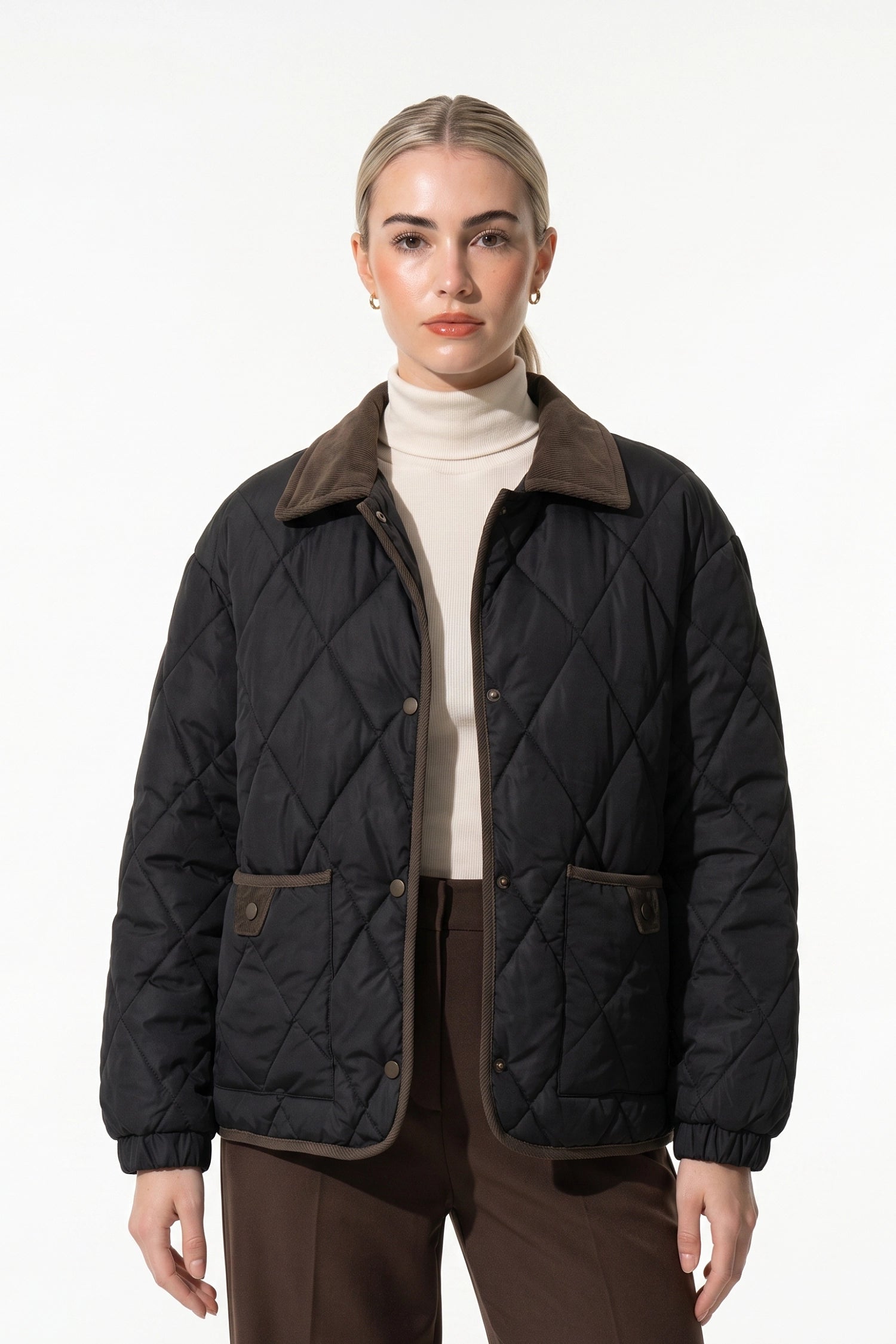Women's Diamond Quilted Puffer Jacket with Corduroy Collar