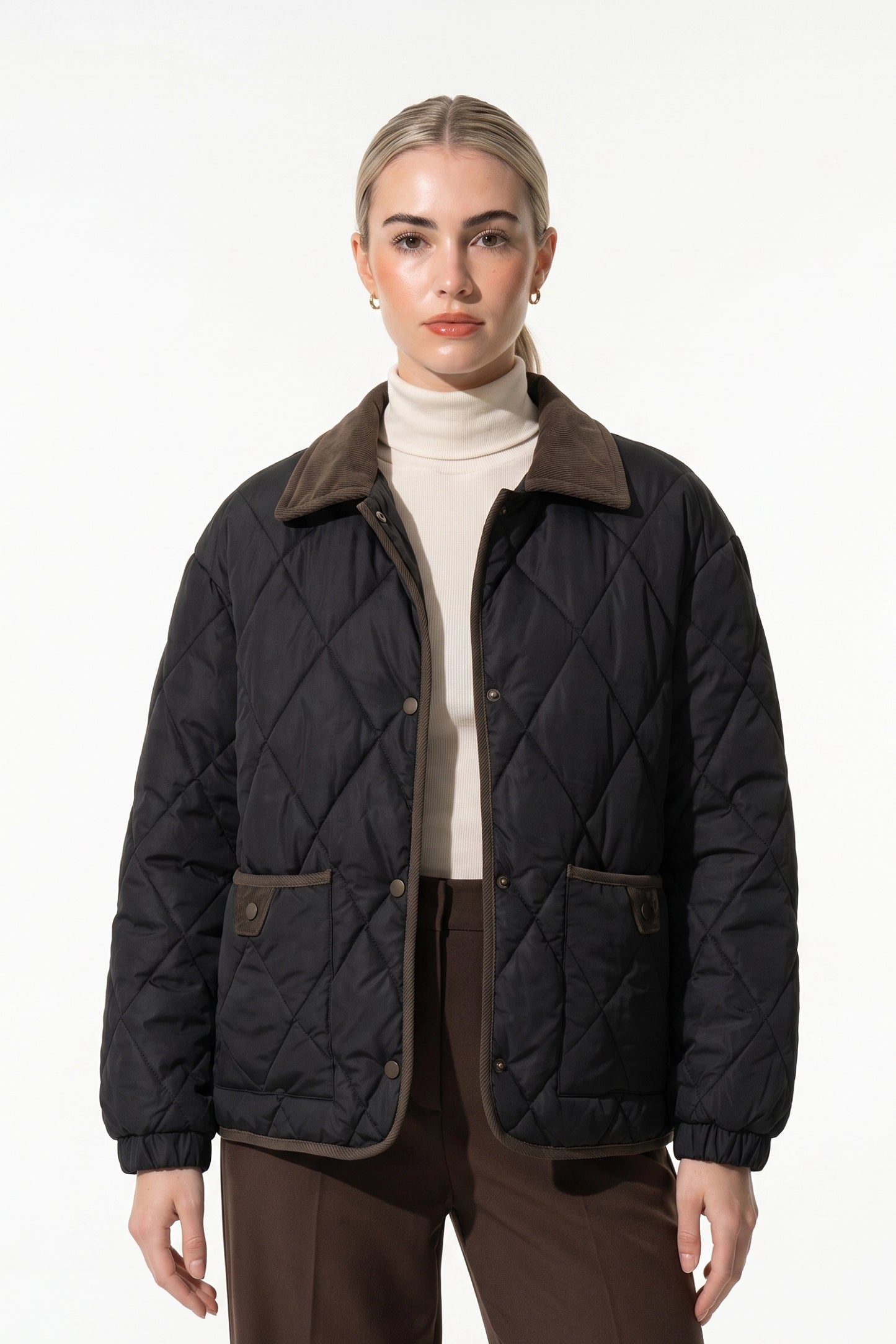 Women's Diamond Quilted Puffer Jacket with Corduroy Collar