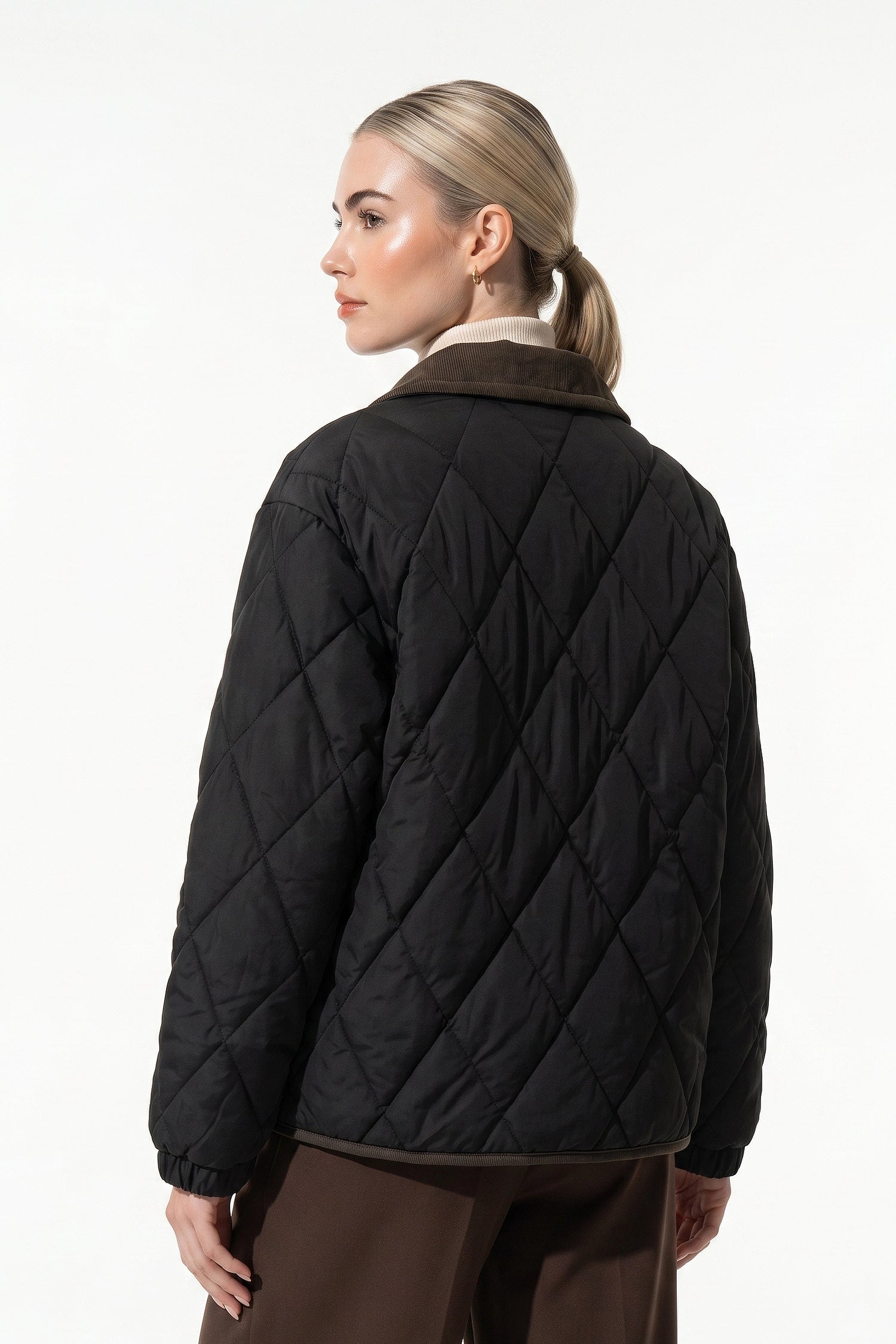 Women's Diamond Quilted Puffer Jacket with Corduroy Collar