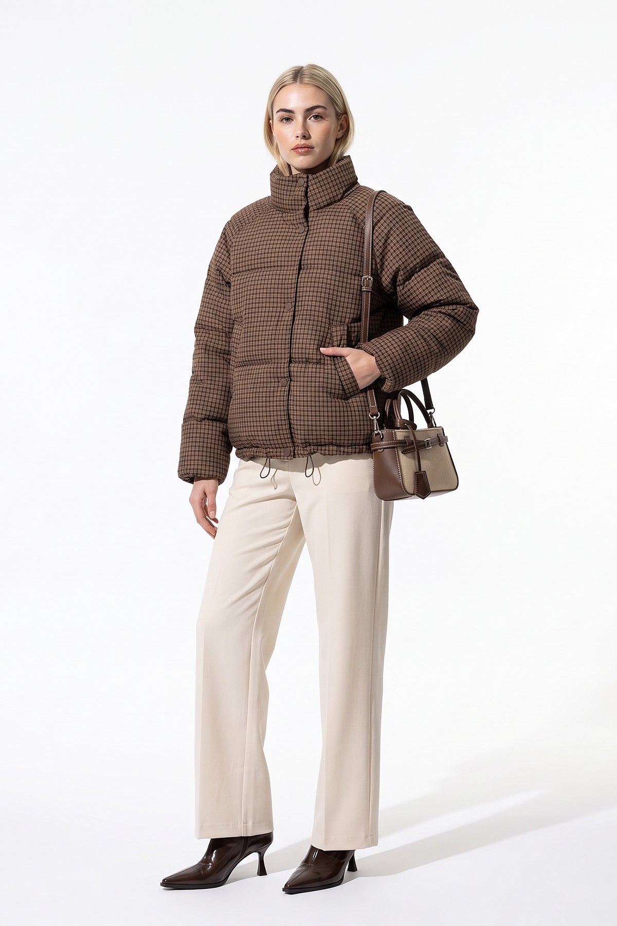 Women's Winter Warm Checked Padded Puffer Jacket with High Collar