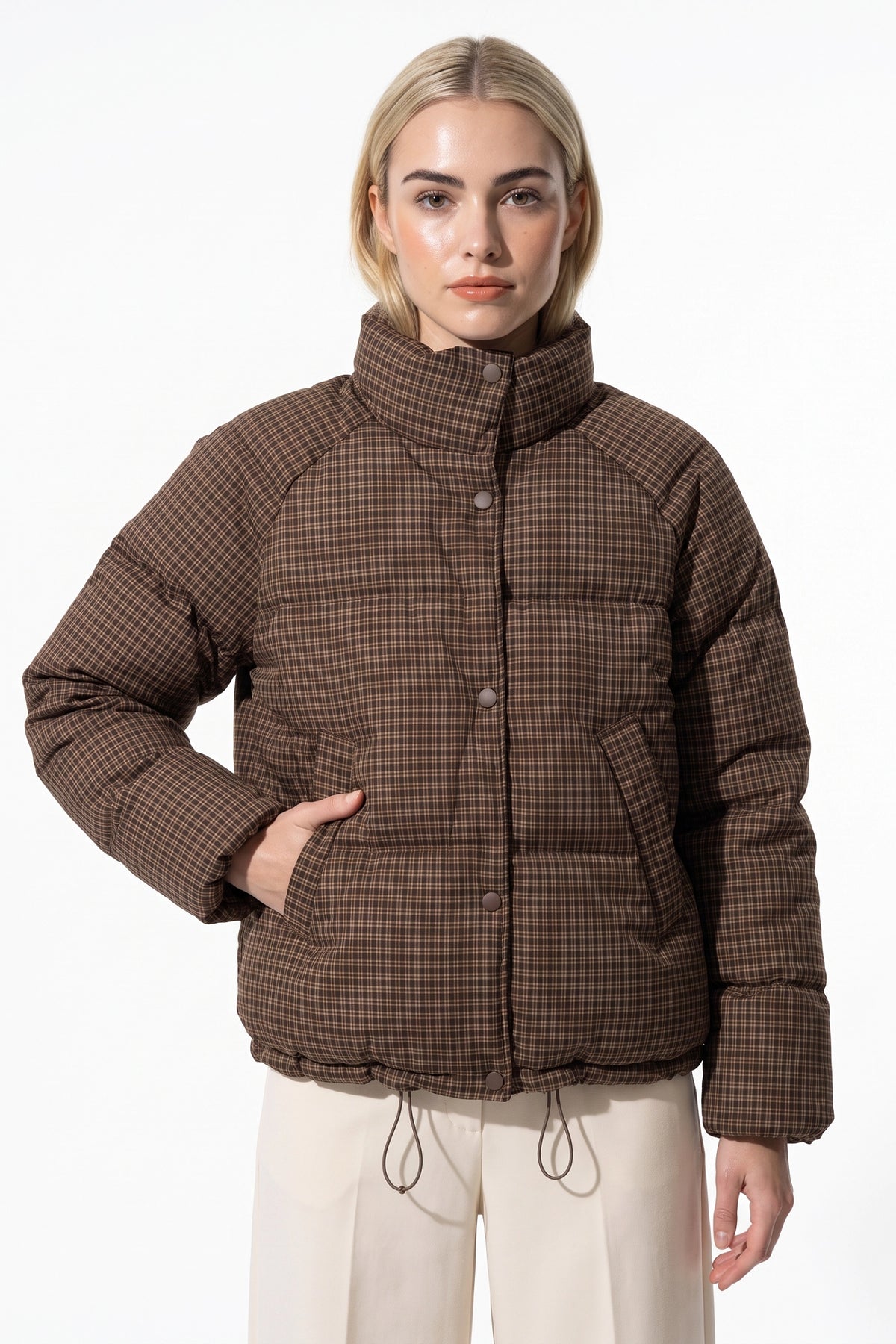 Women's Winter Warm Checked Padded Puffer Jacket with High Collar