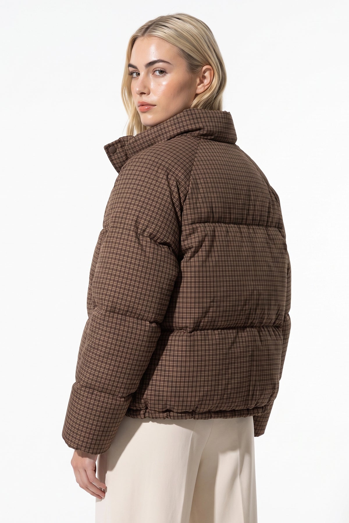 Women's Winter Warm Checked Padded Puffer Jacket with High Collar