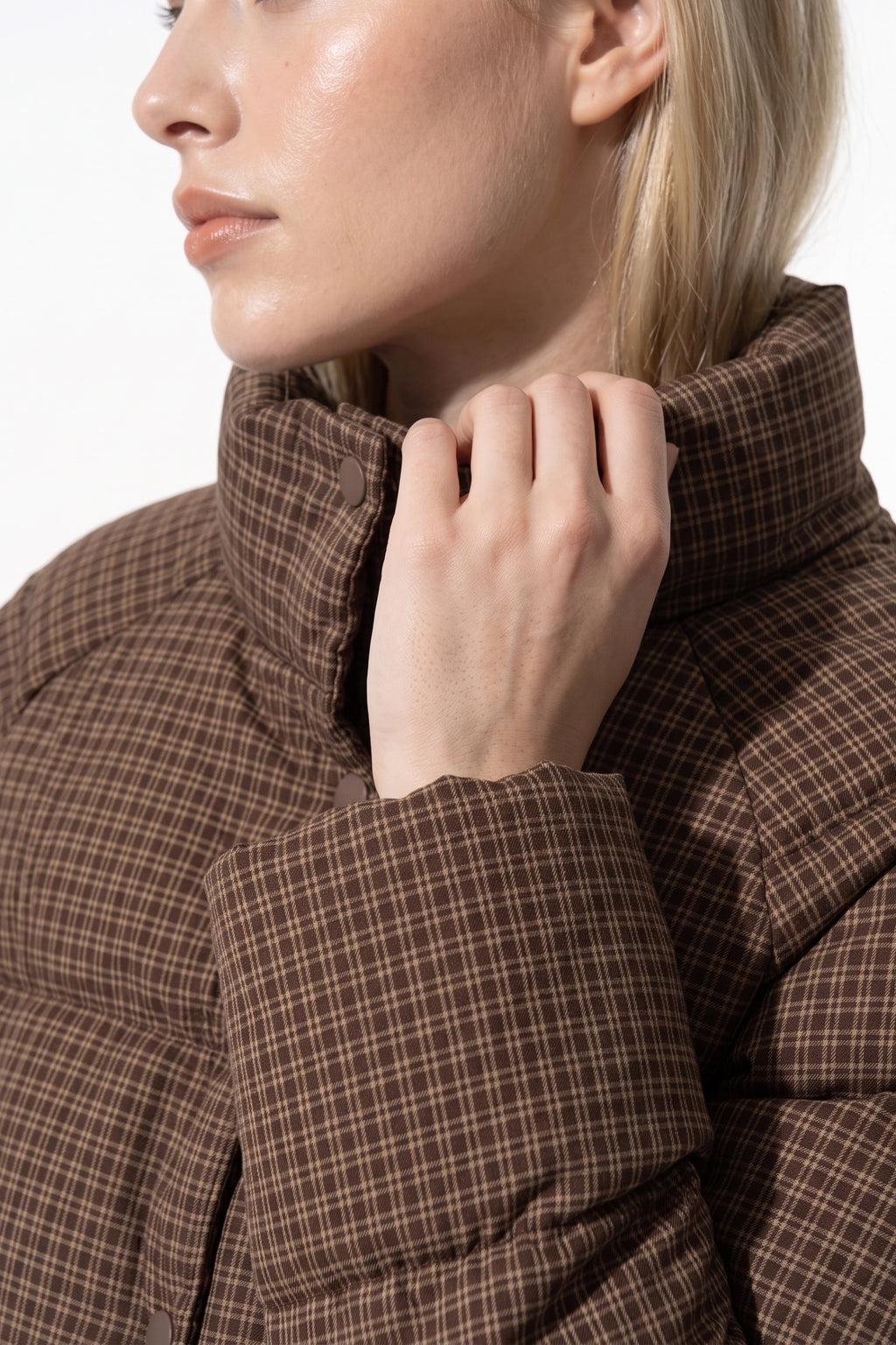 Women's Winter Warm Checked Padded Puffer Jacket with High Collar