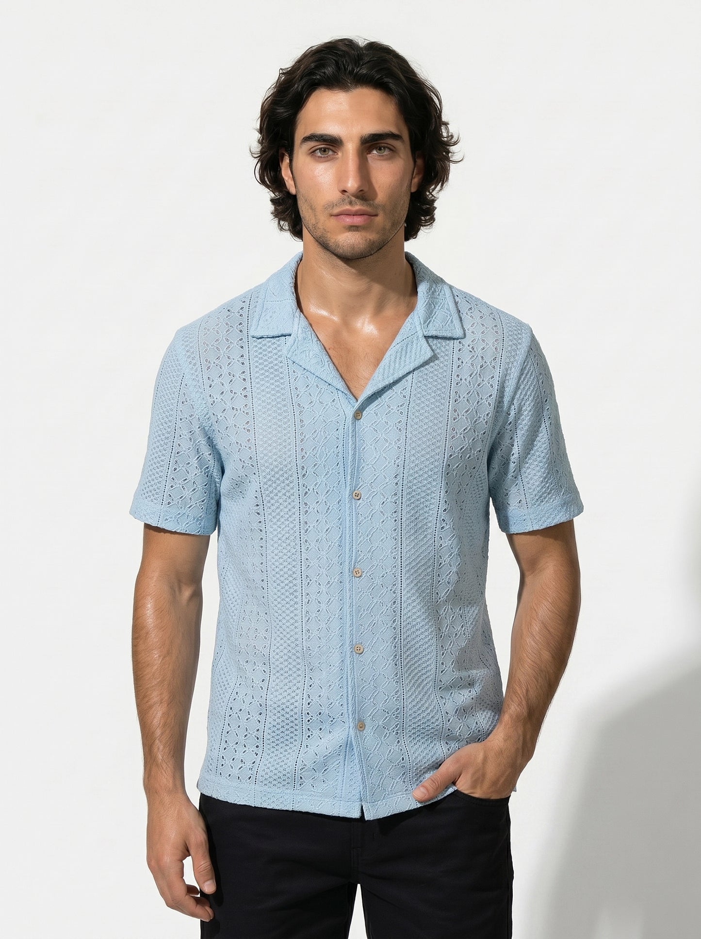Caurelle | Men’s Jacquard Knit Cuban Collar Polo Shirt