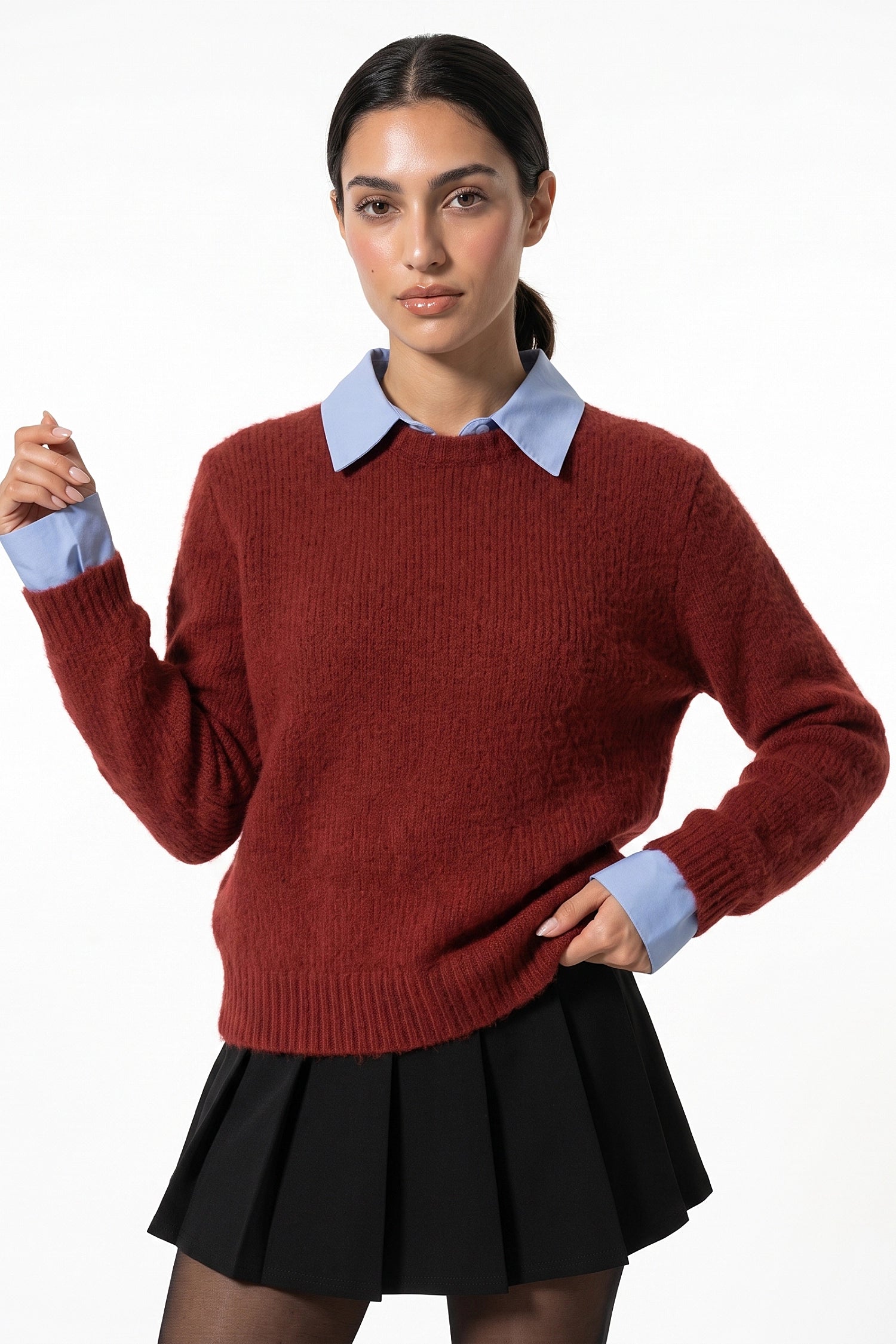 Women's Winter Warm Crew Neck Jumper with Layered Collar