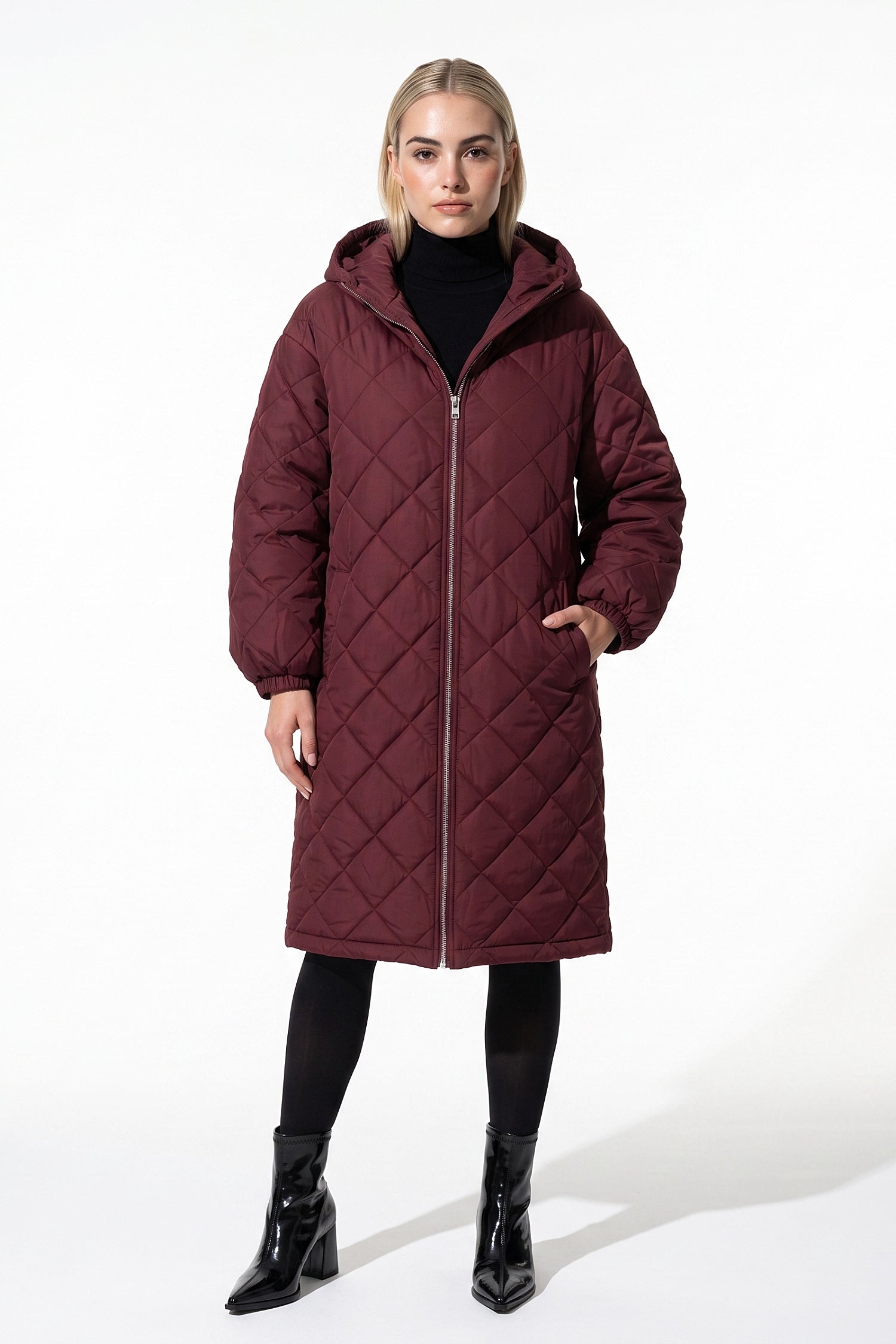 Women's Winter Warm Long Diamond Quilted Hooded Puffer Coat