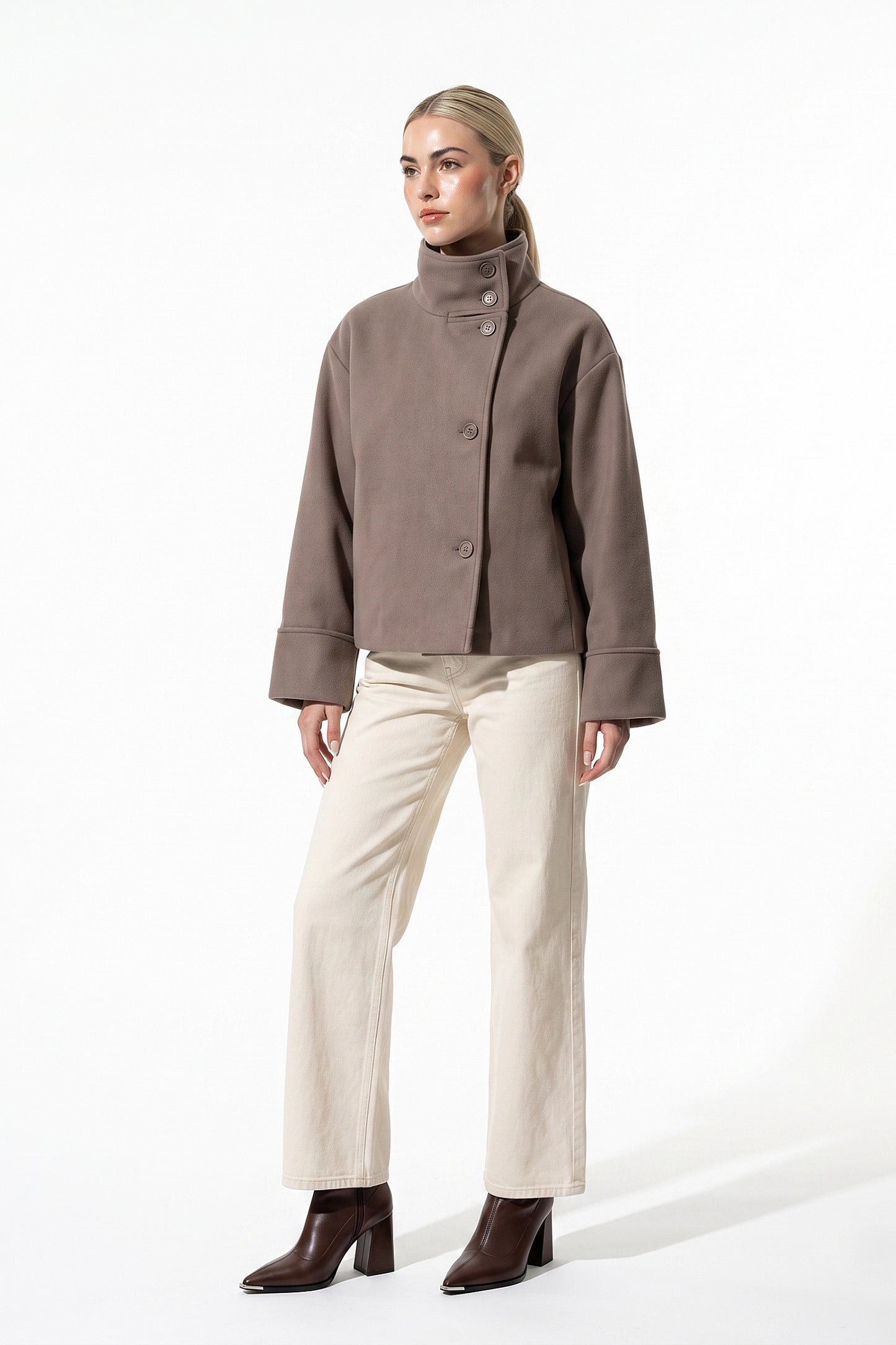 Women’s Winter Warm Short Wool Coat with Button Up High Collar