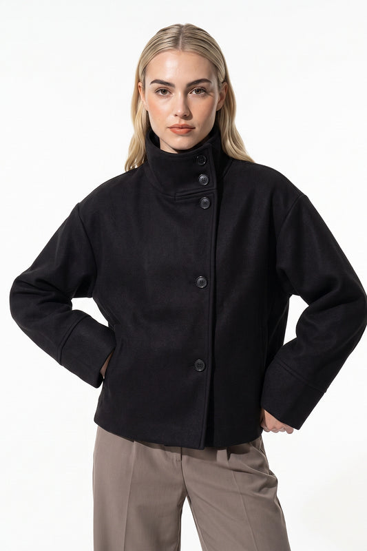 Women’s Winter Warm Short Wool Coat with Button Up High Collar