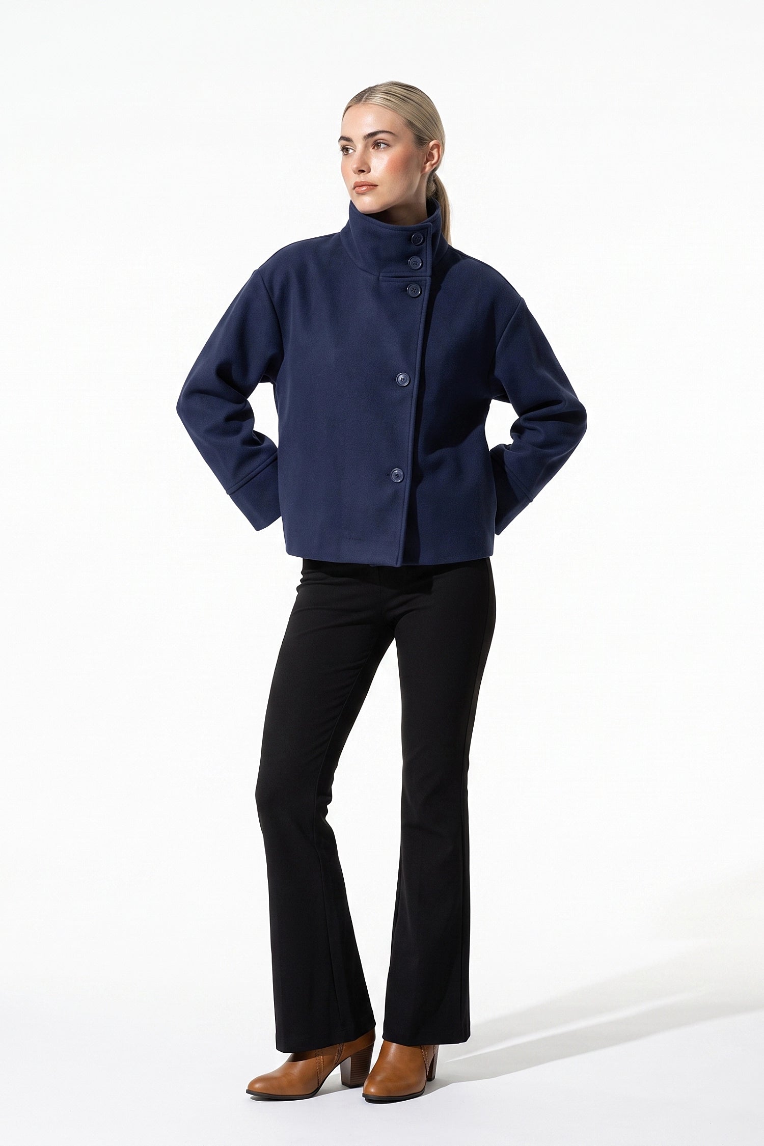 Women’s Winter Warm Short Wool Coat with Button Up High Collar