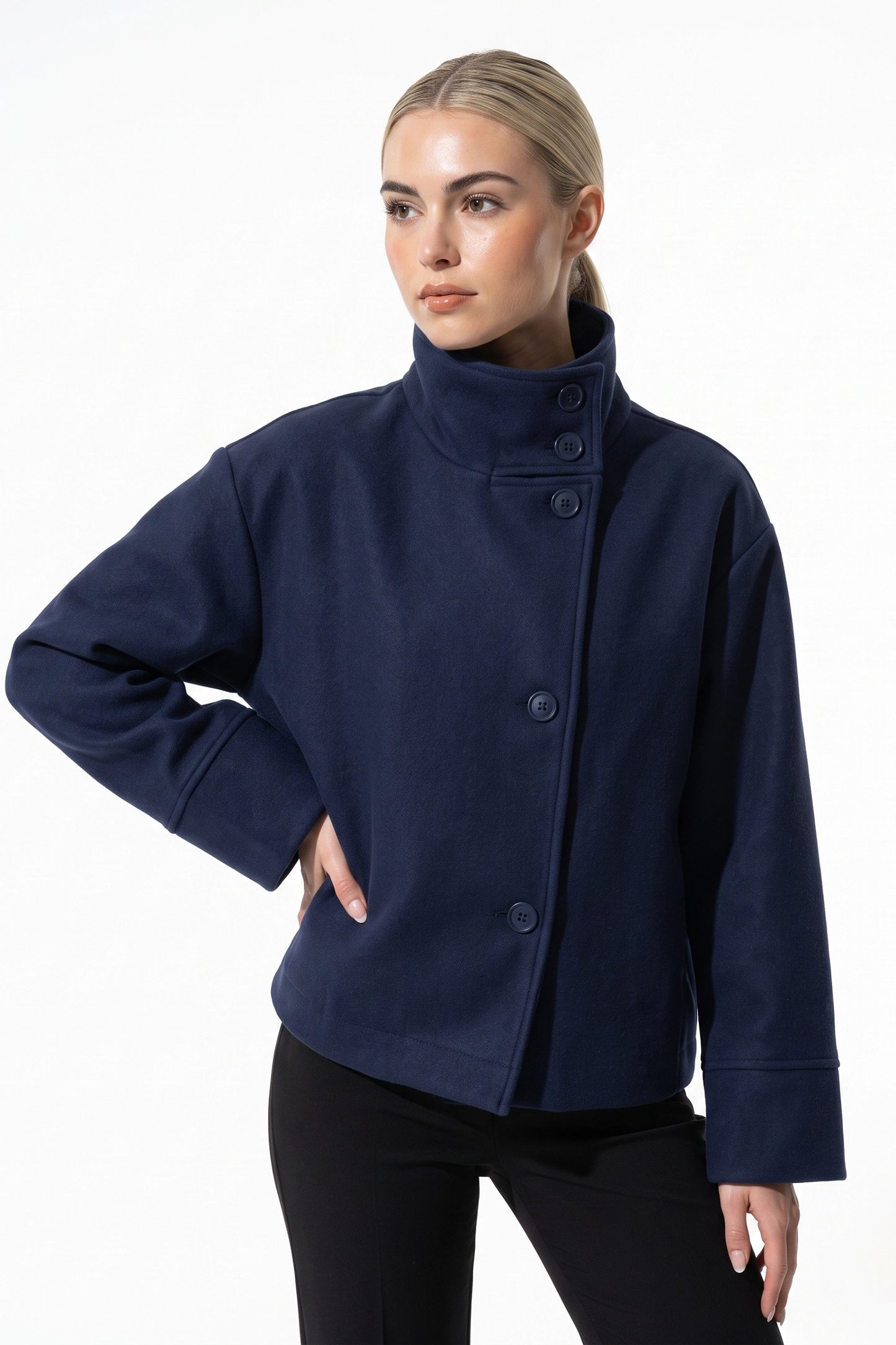 Women’s Winter Warm Short Wool Coat with Button Up High Collar