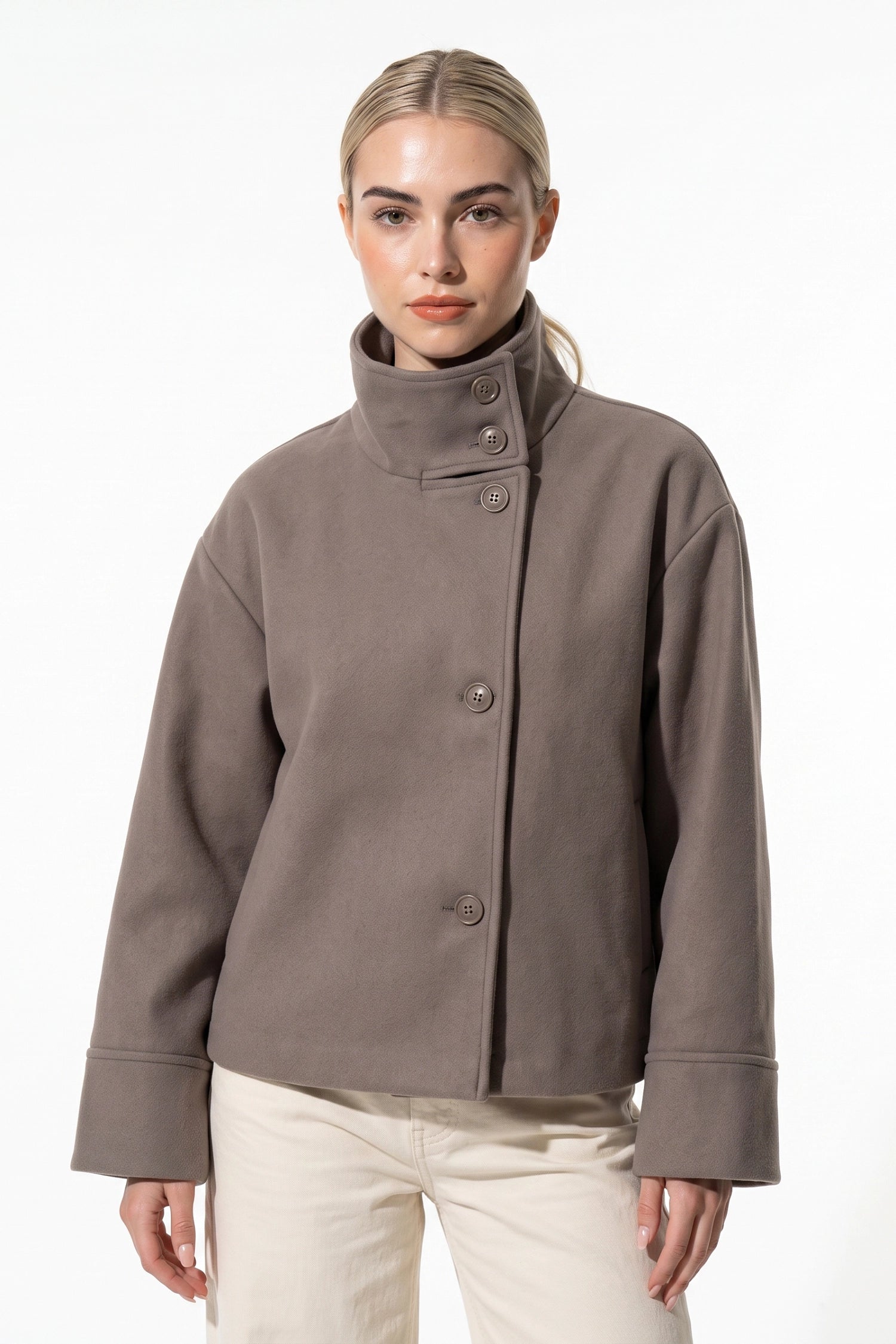 Women’s Winter Warm Short Wool Coat with Button Up High Collar