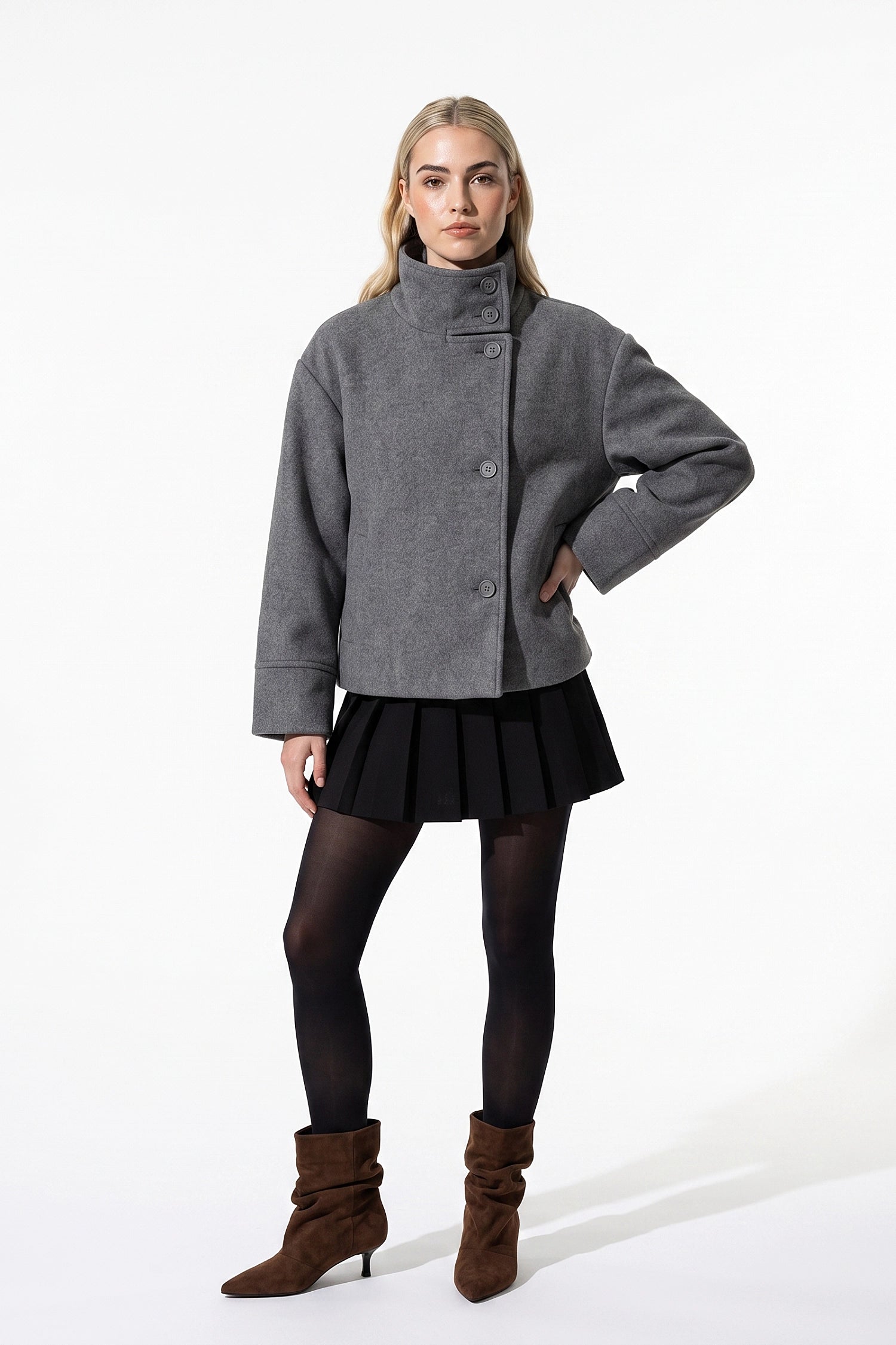 Women’s Winter Warm Short Wool Coat with Button Up High Collar