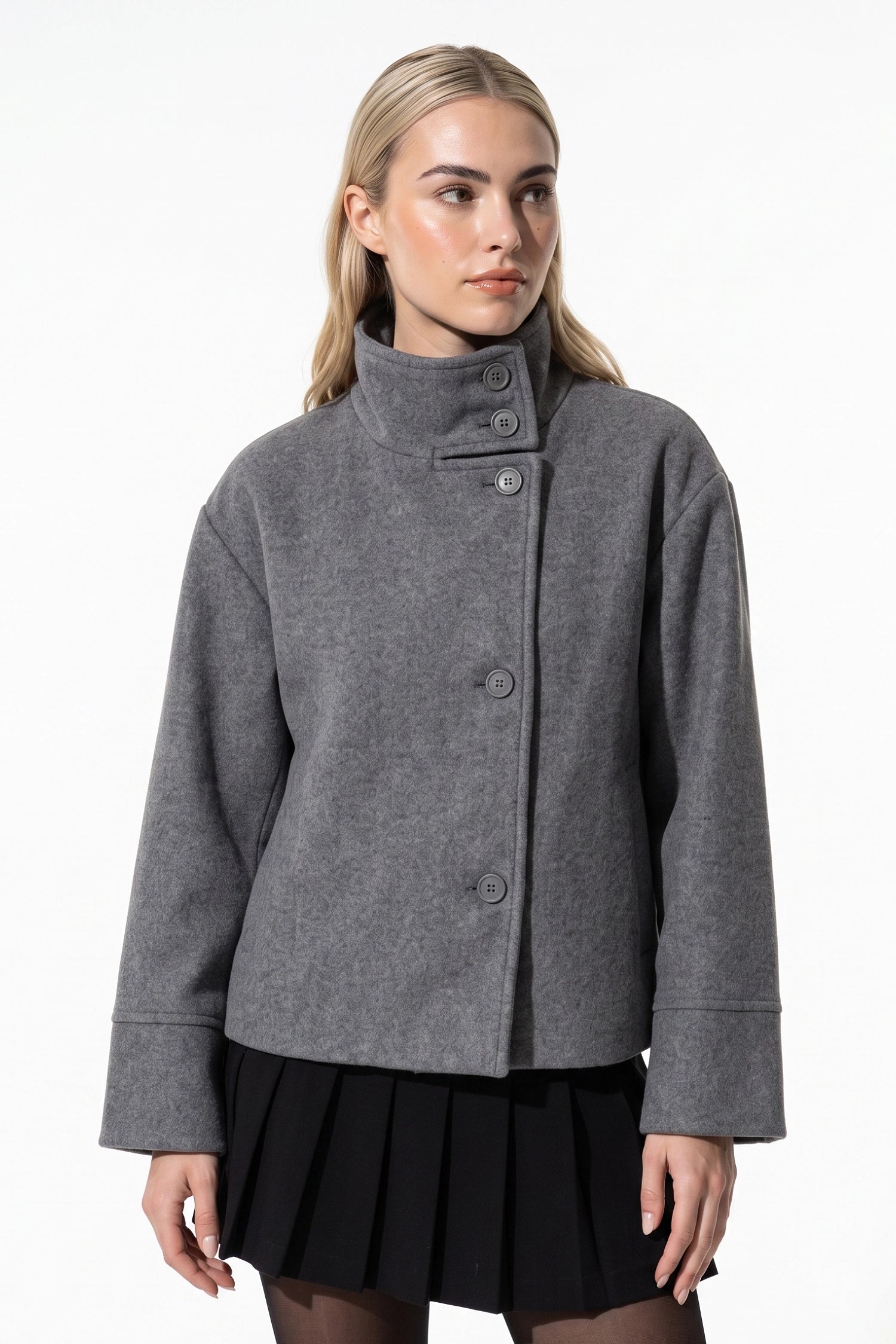 Women’s Winter Warm Short Wool Coat with Button Up High Collar
