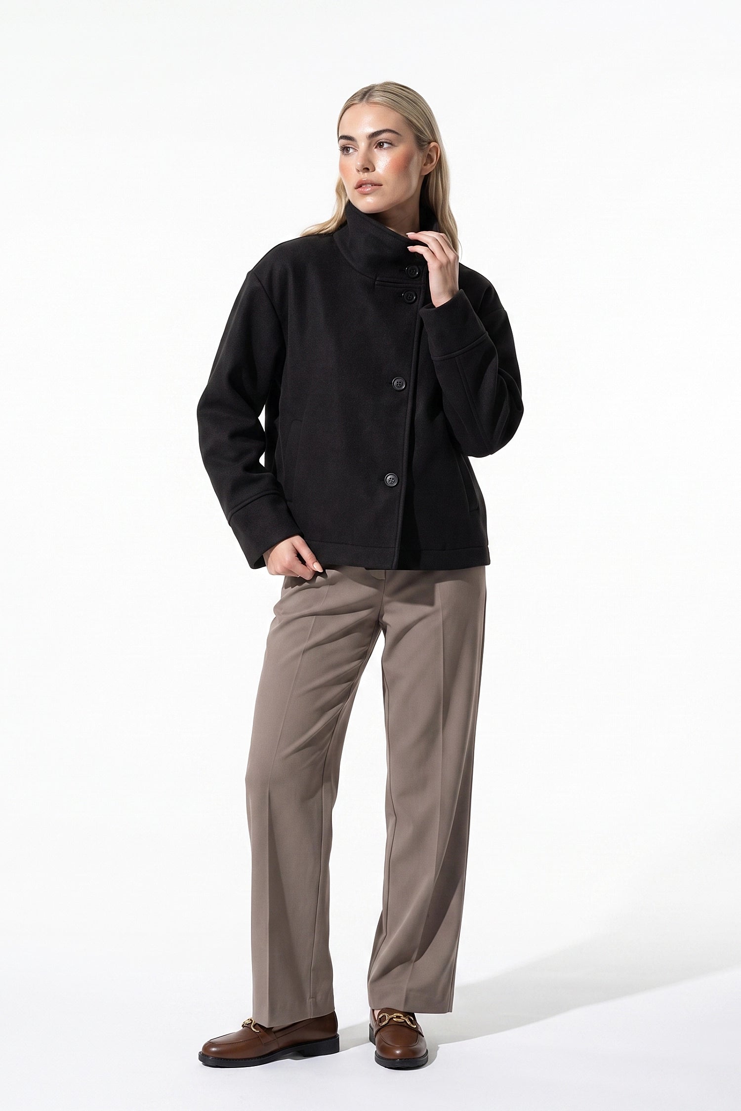 Women’s Winter Warm Short Wool Coat with Button Up High Collar