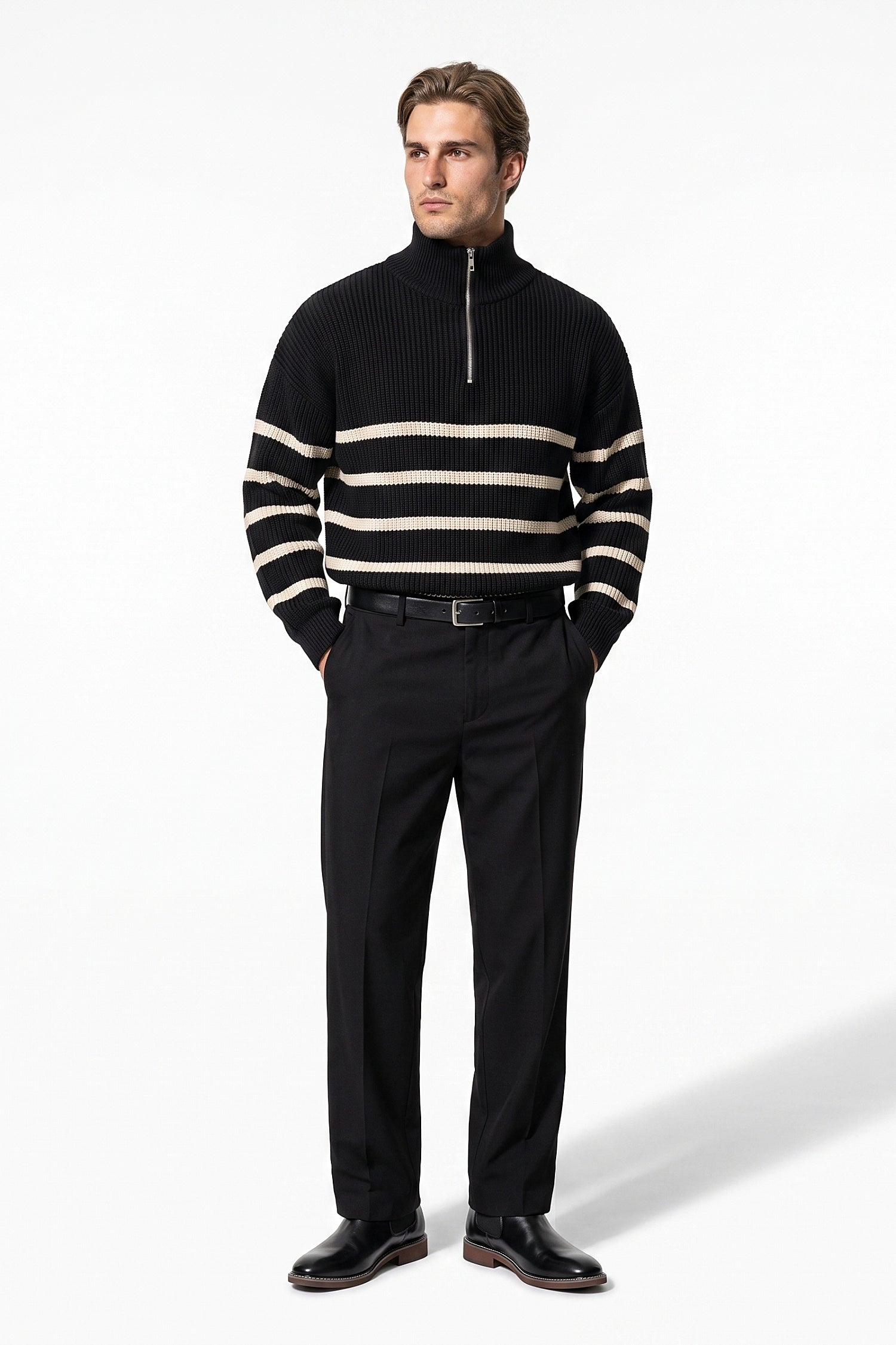 Men's Winter Comfortable Striped Rib Knit Quarter Zip Jumper