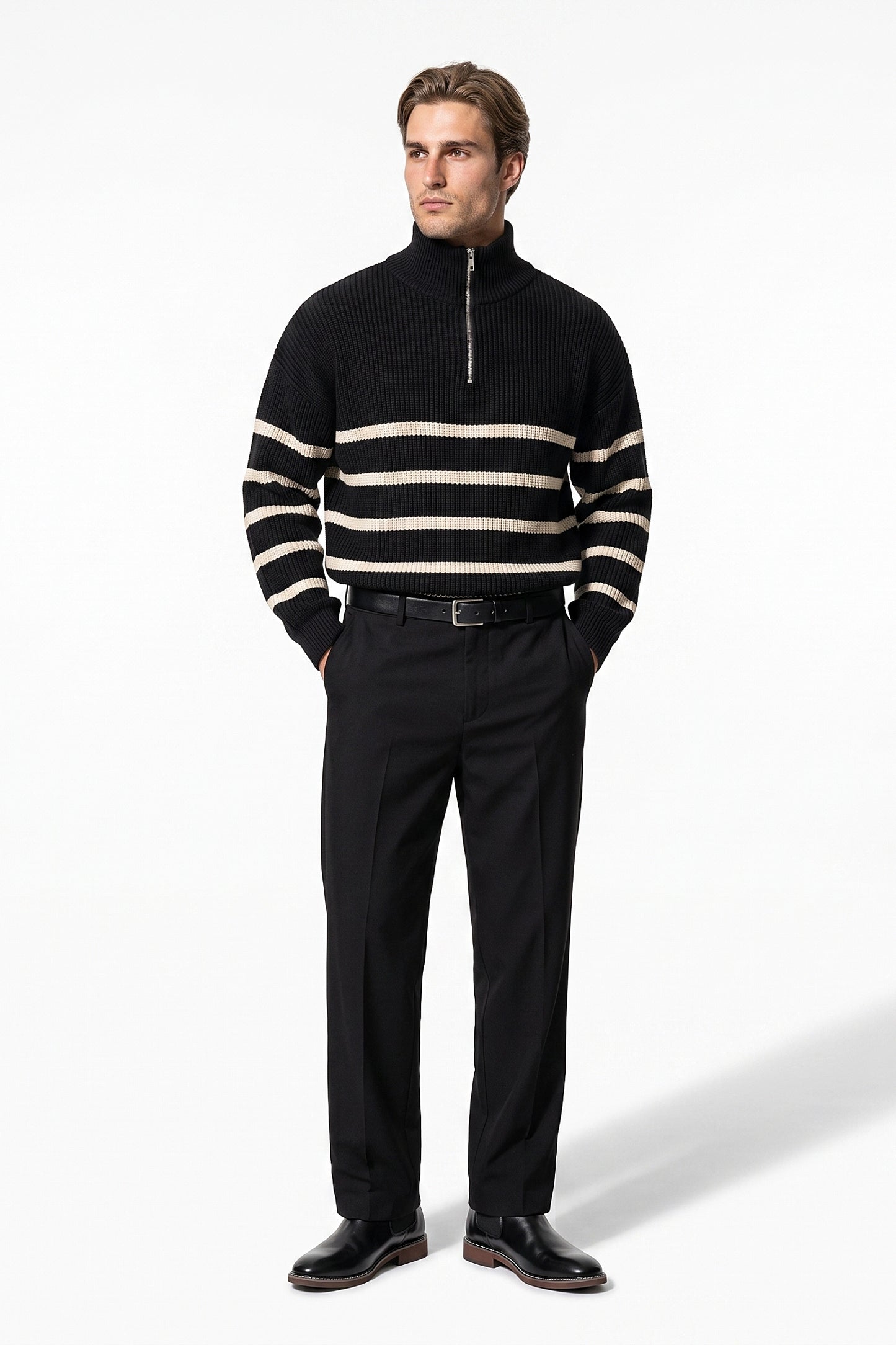 Men's Winter Comfortable Striped Rib Knit Quarter Zip Jumper
