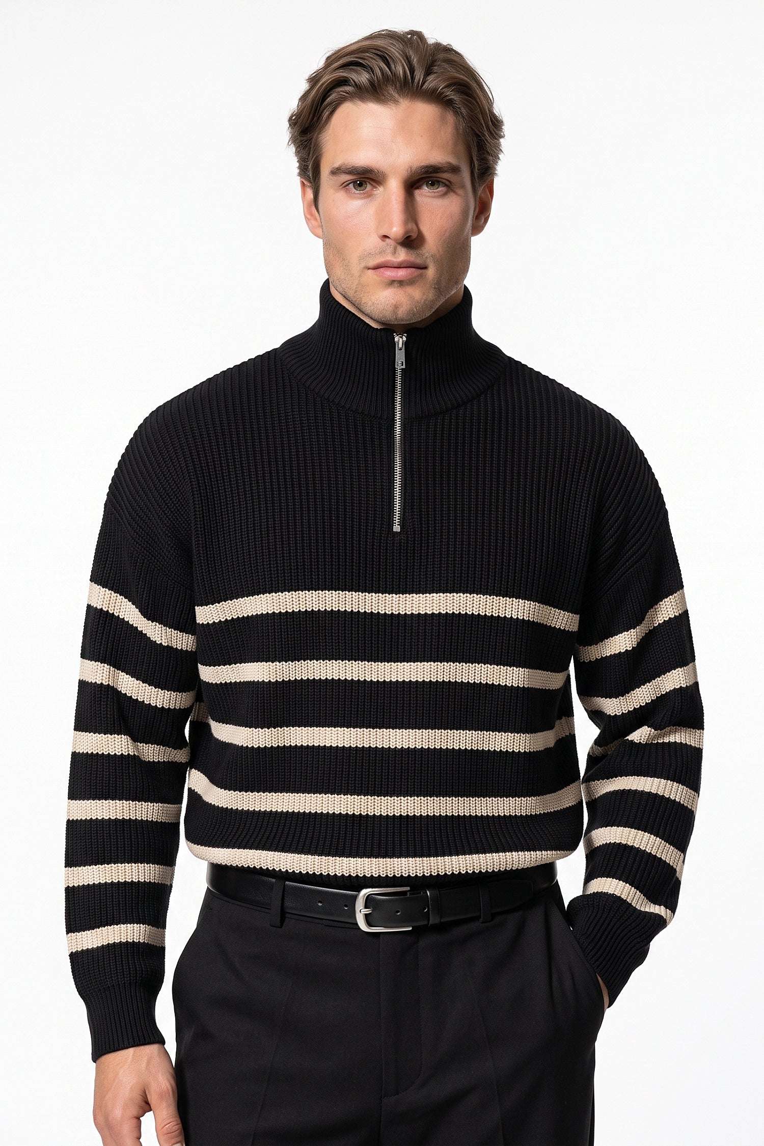 Men's Winter Comfortable Striped Rib Knit Quarter Zip Jumper