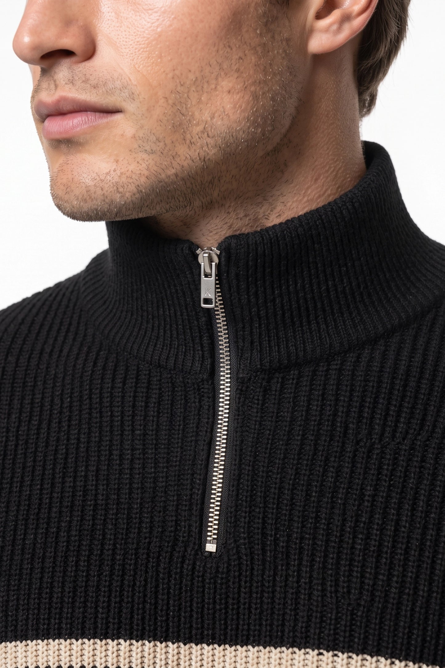 Men's Winter Comfortable Striped Rib Knit Quarter Zip Jumper